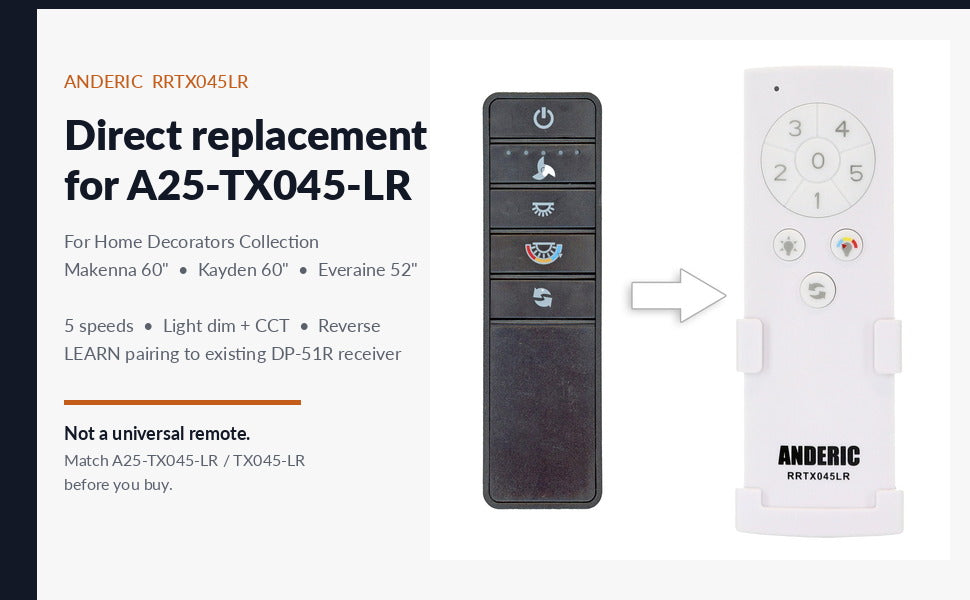 Anderic Substitute for Home Decorators Collection TX045-LR Ceiling Fan Remote Control | CCT [RRTX045LR]