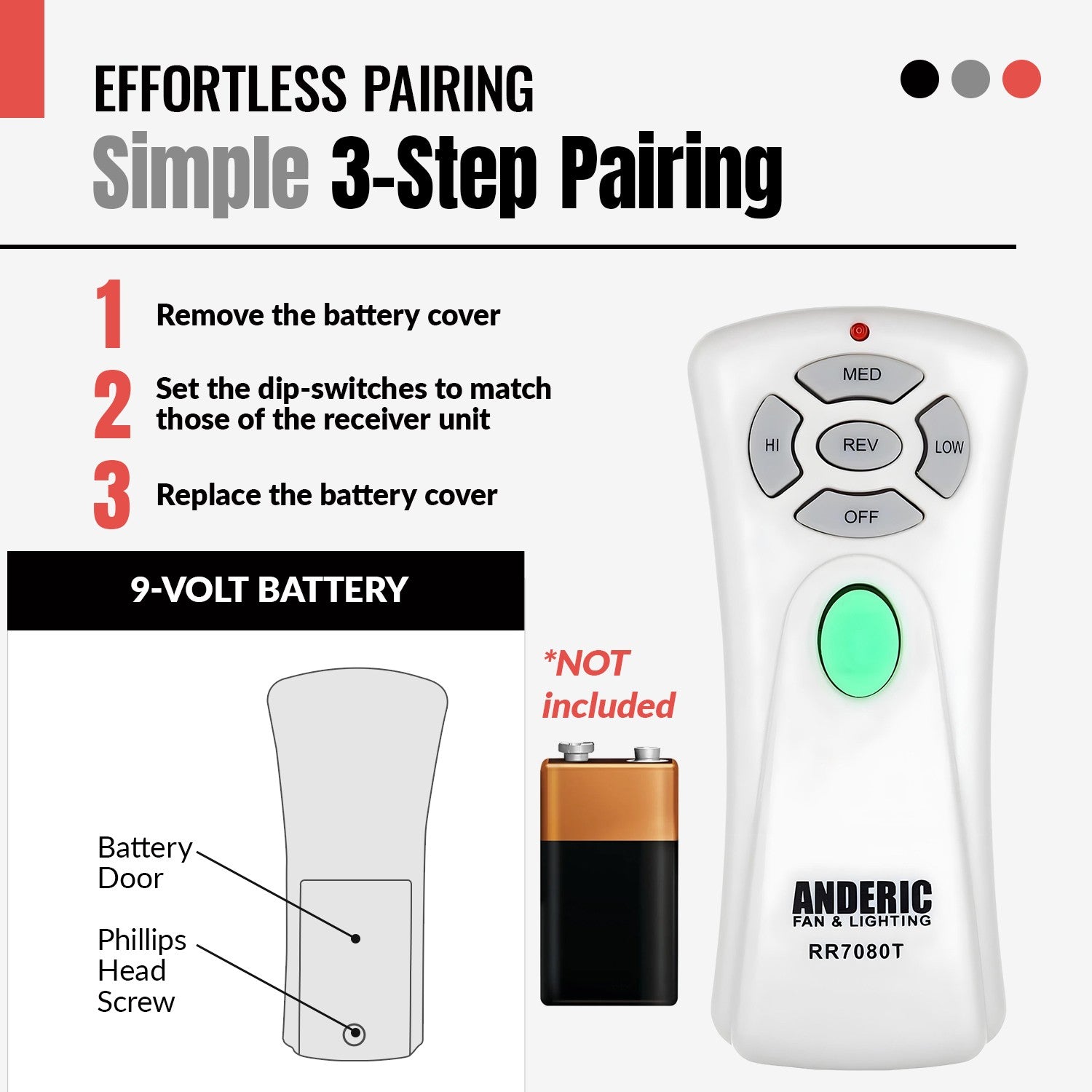 Anderic Substitute for Hampton Bay TR241A KUJ CE10411 Ceiling Fan Remote Control [RR7080T]