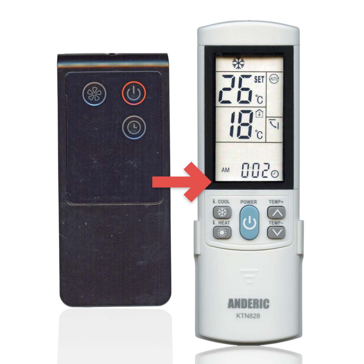 Anderic KTN828 replacement remote control for Midea upright fans featuring a black finish and three tactile buttons.