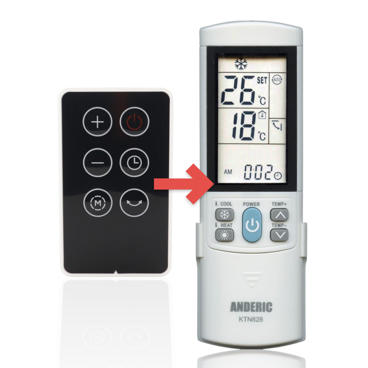 Anderic replacement remote control for Midea oil space heaters with black interface and six white function buttons.