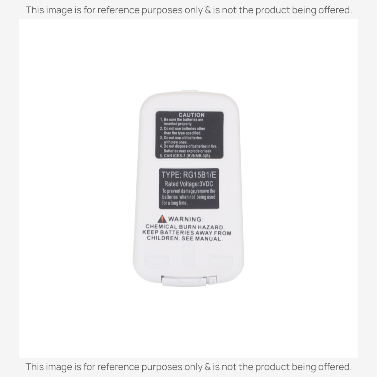 Anderic KTN828 remote control back view showing battery compartment safety warnings and model RG15B1/E label