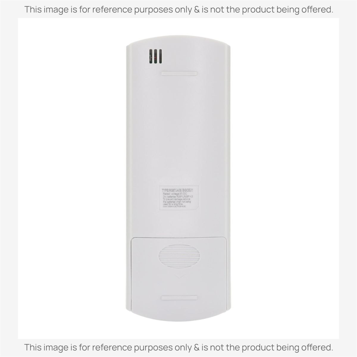 Anderic white replacement remote control for Toshiba air conditioners, back view showing battery compartment label.