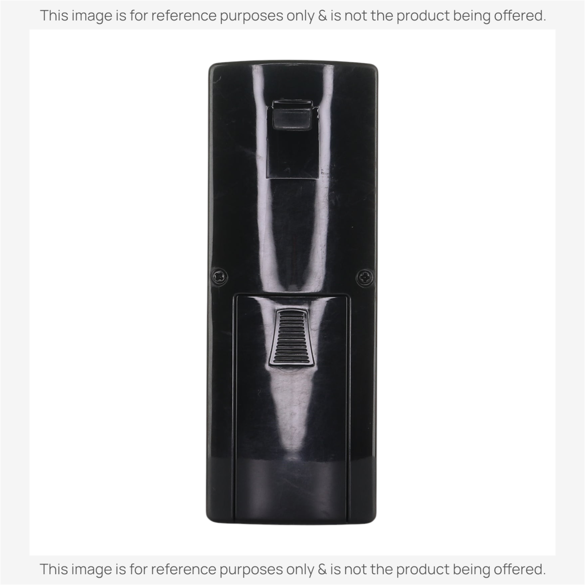 Anderic RRFAN100A black replacement remote control for Lasko EcoQuiet pedestal fans, back view showing battery cover.