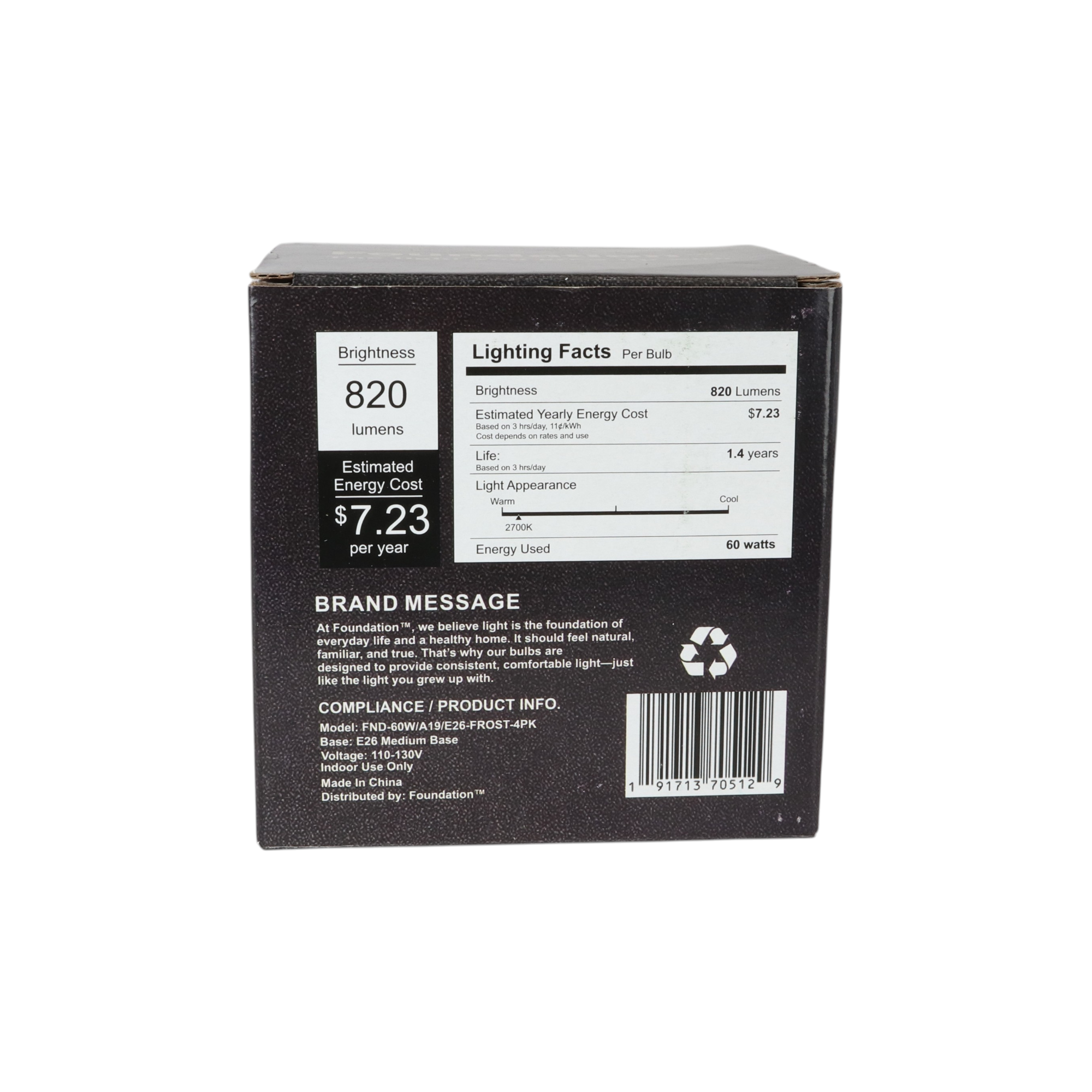 Ampoule à incandescence Foundation™ 60 W à spectre complet, intensité variable - Blanc doux 2700 K, culot moyen E26 - Paquet de 4