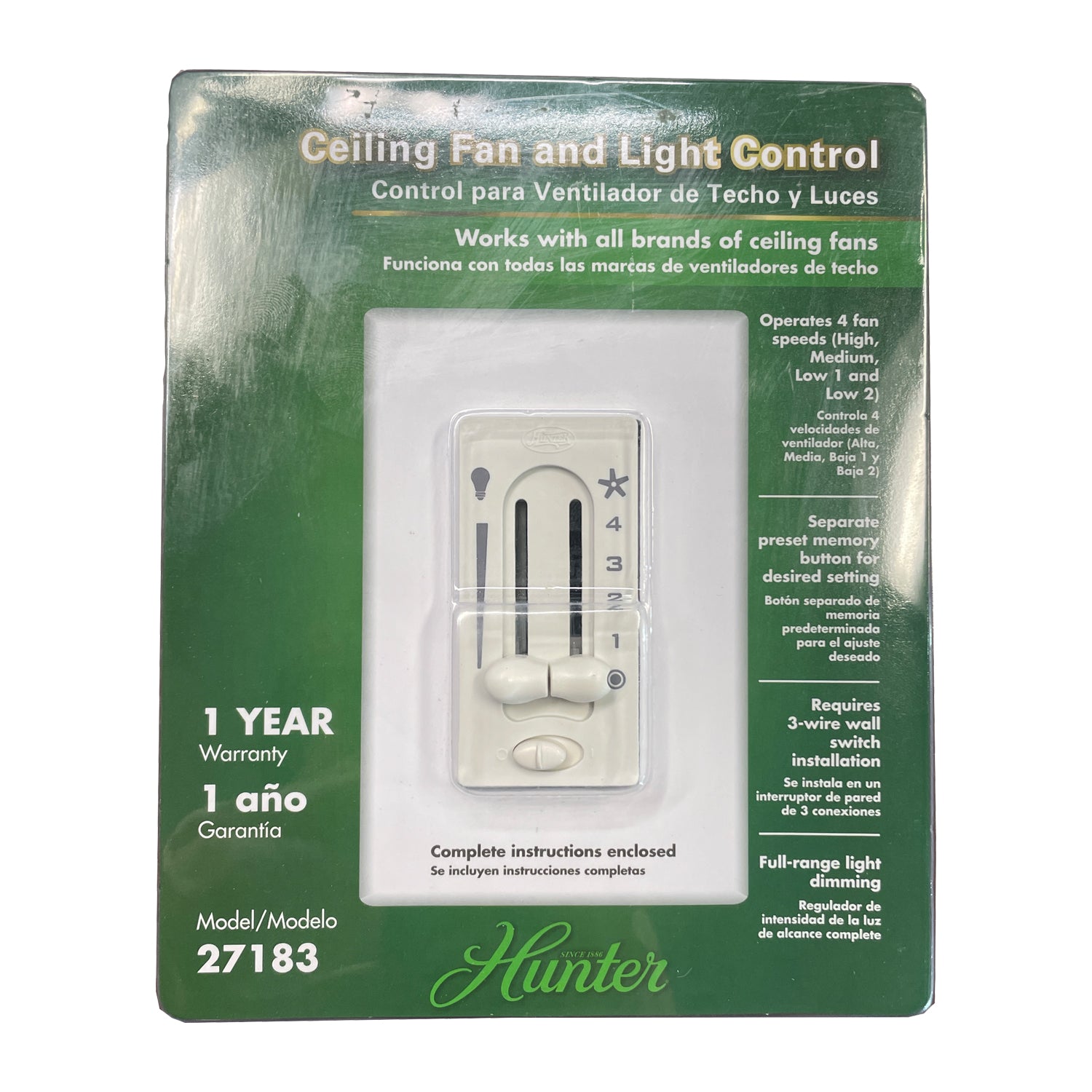 Ventilateur de plafond et éclairage Hunter 27183 Commande par interrupteur mural filaire à distance