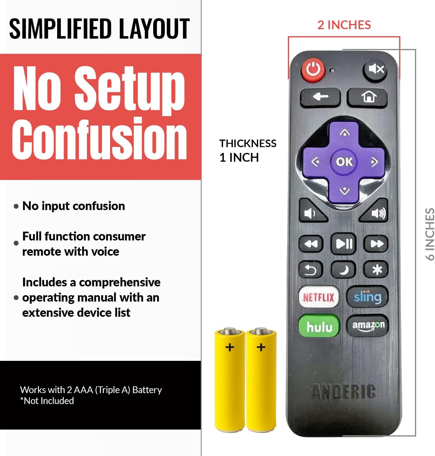Anderic RRST01.3 Universal Remote Control for Roku Streaming Player and TV with Learning