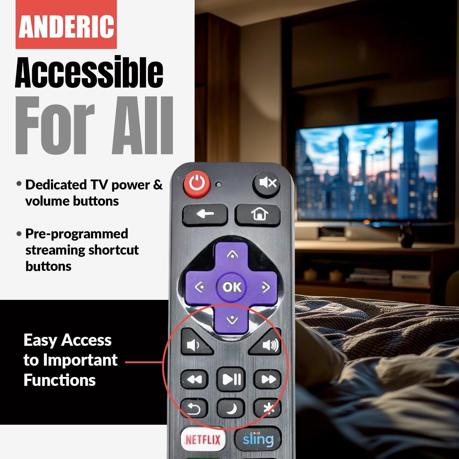 Anderic RRST01.3 Universal Remote Control for Roku Streaming Player and TV with Learning