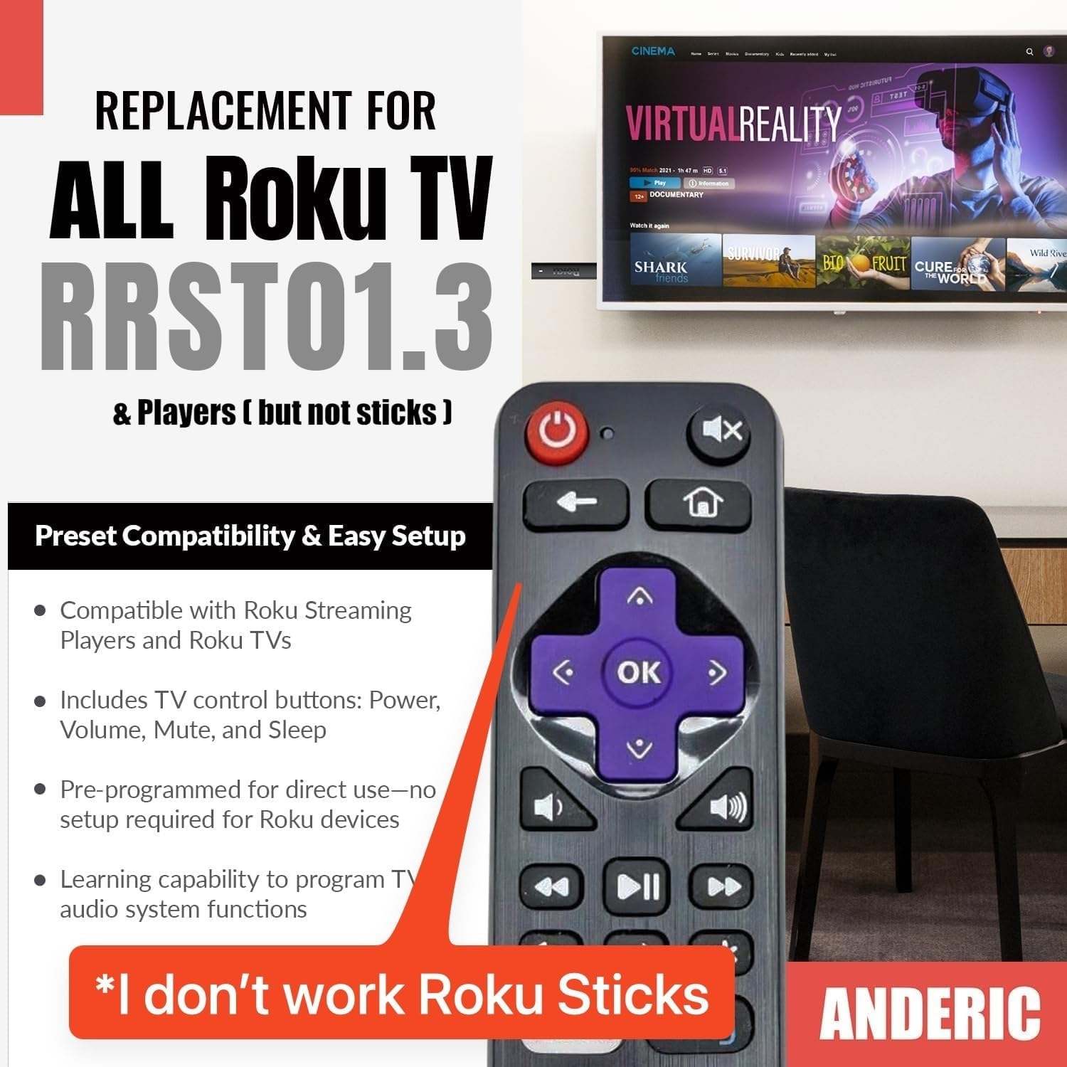 Anderic RRST01.3 Universal Remote Control for Roku Streaming Player and TV with Learning