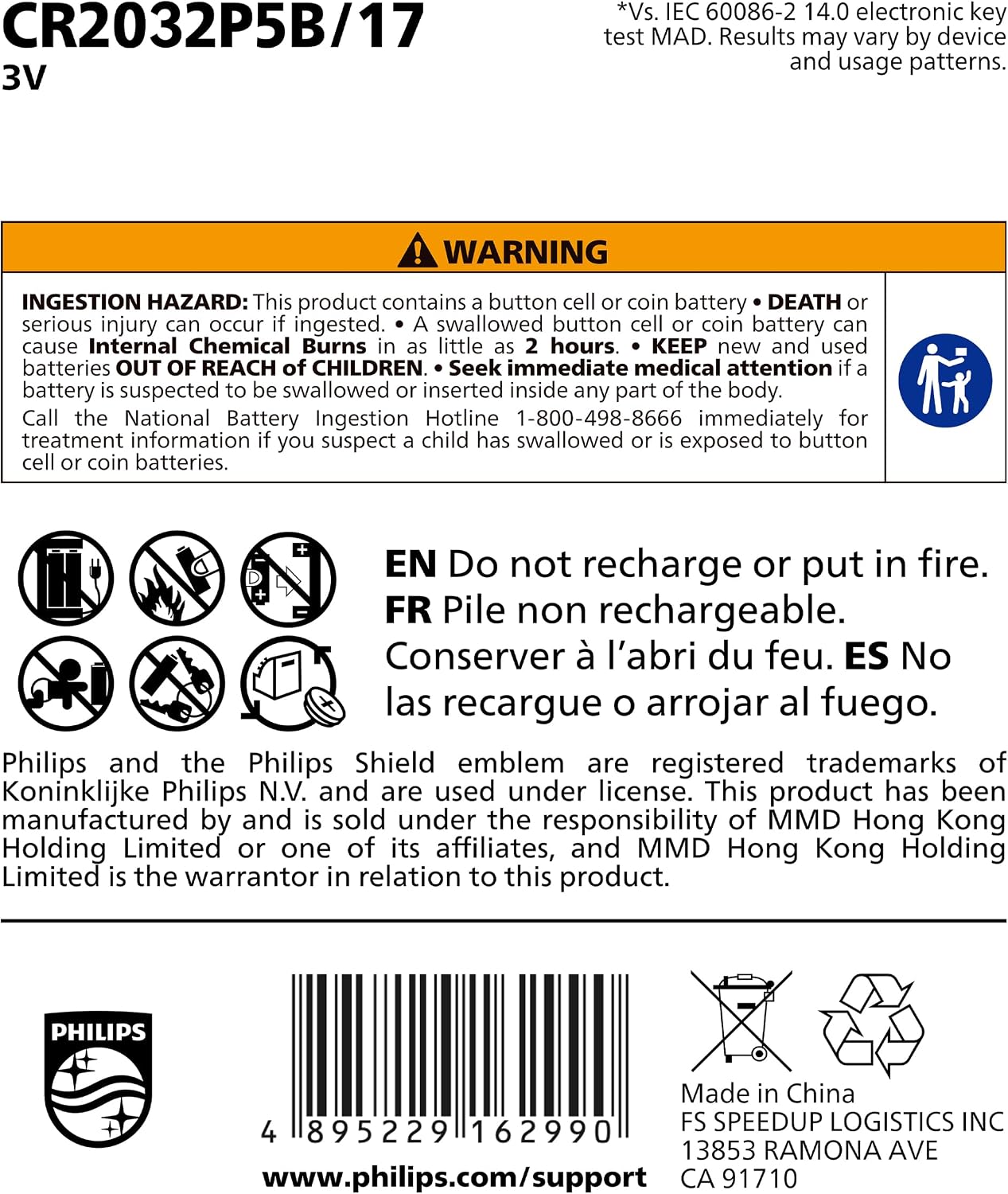 Philips CR2032 3V Lithium Cell Battery (5-Pack)