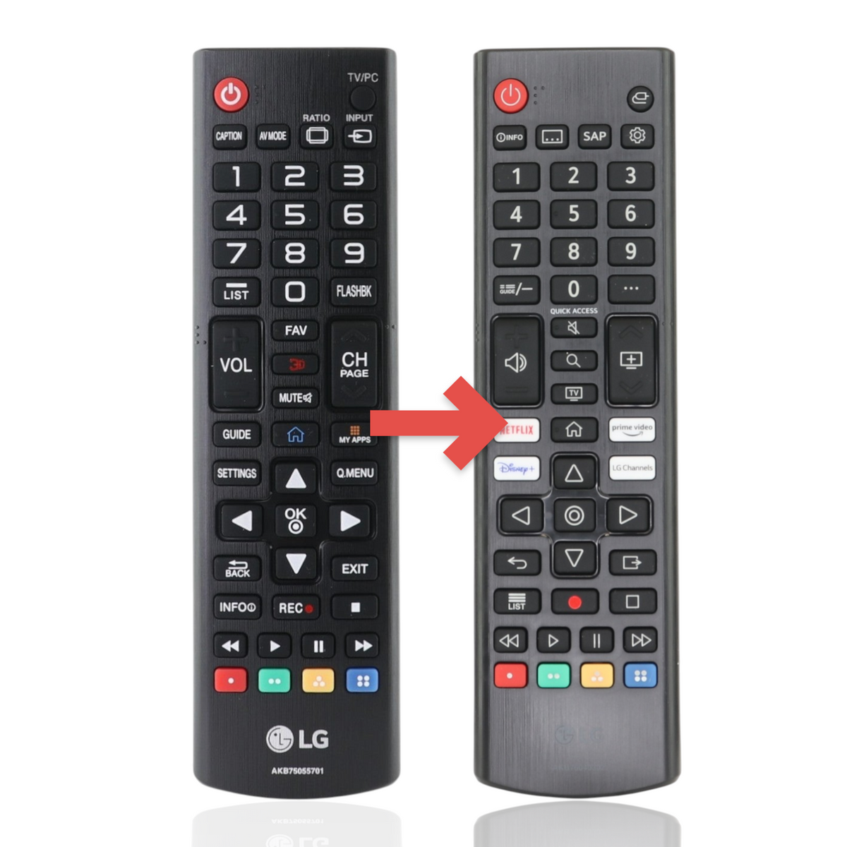 Anderic black infrared remote control for LG Smart TVs with dedicated streaming service shortcut buttons.