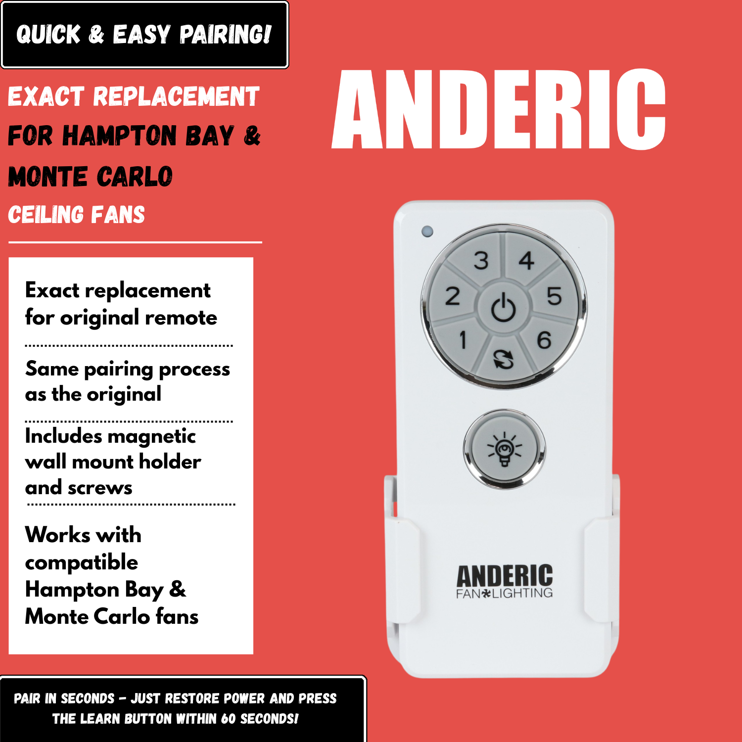 Télécommande de rechange Anderic DC1 pour ventilateur de plafond Hampton Bay, Monte Carlo et autres