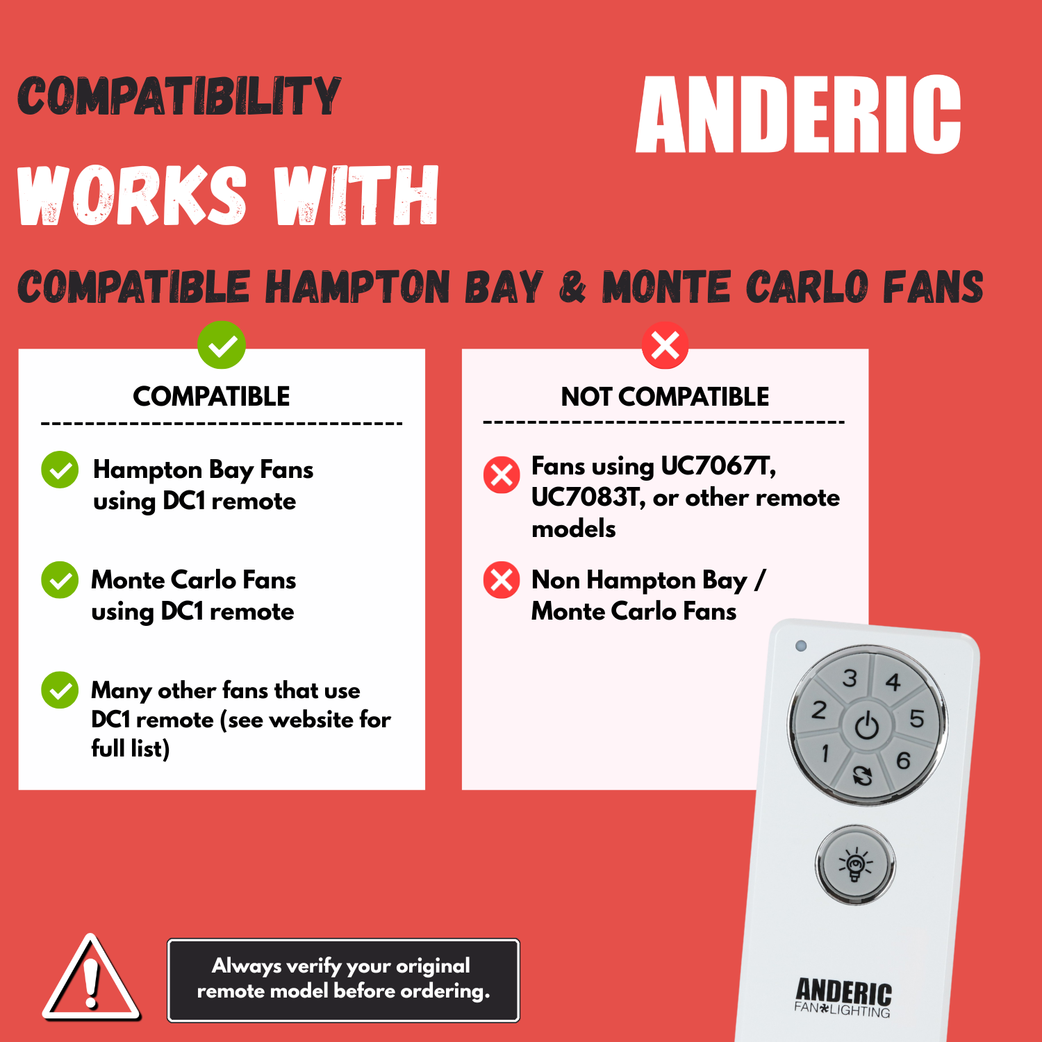 Télécommande de rechange Anderic DC1 pour ventilateur de plafond Hampton Bay, Monte Carlo et autres