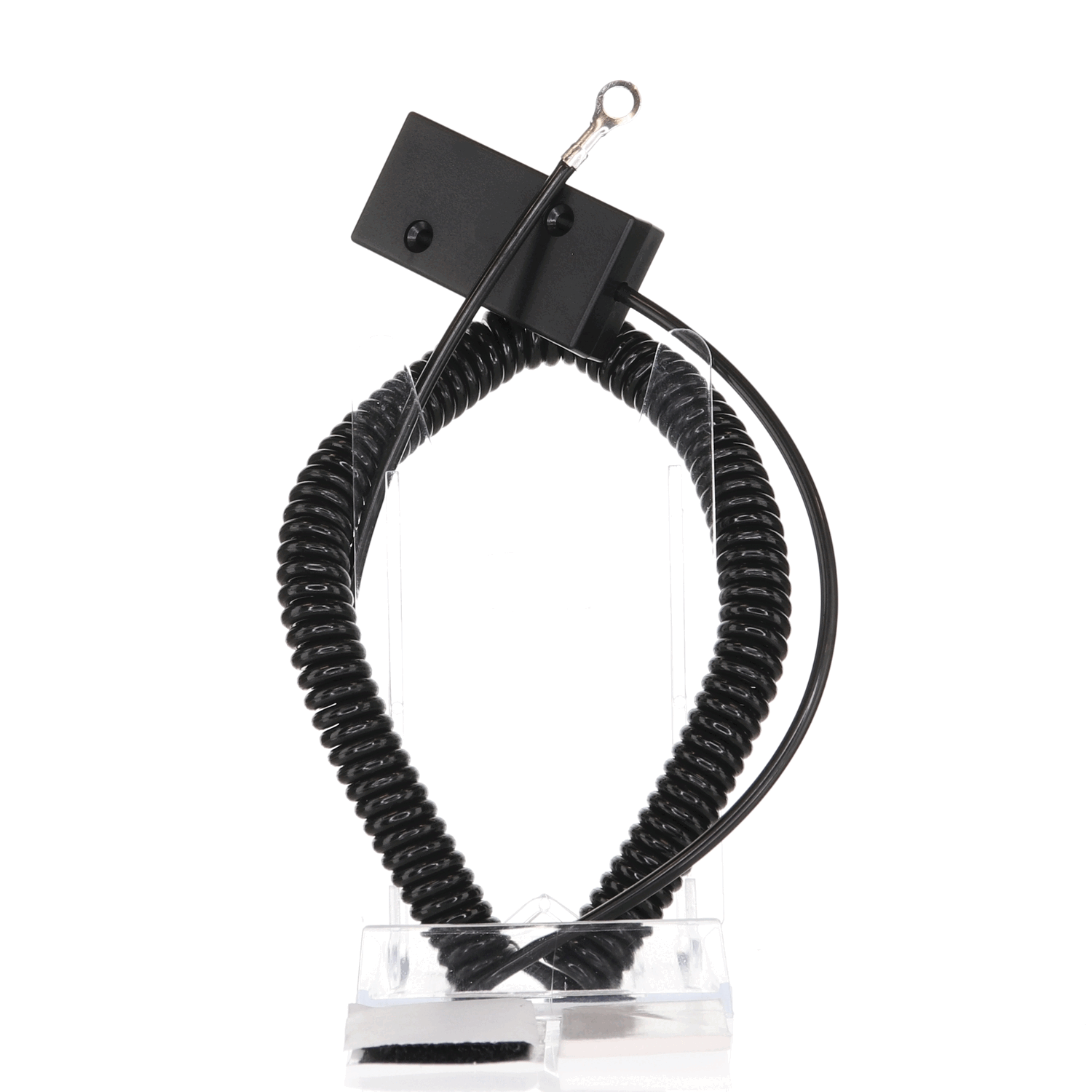 The Anderic CBL01 Universal Tether Coiled Security Cable features a durable, stretchable black cable attached to a rectangular black component, elegantly displayed on a clear stand against a white background.
