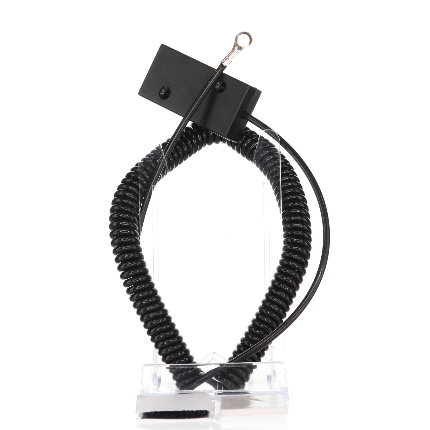 The Anderic CBL01 Universal Tether Coiled Security Cable features a black coiled design with a rectangular box and looped wire end, displayed on a transparent stand to highlight its durability.
