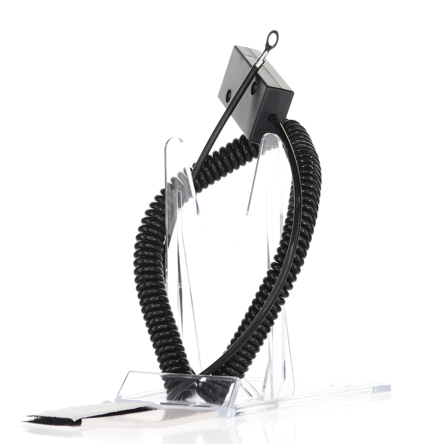 The Anderic CBL01 Universal Tether Coiled Security Cable features a durable design with a coiled black cable and block connector, securely mounted on a clear stand against a white background.