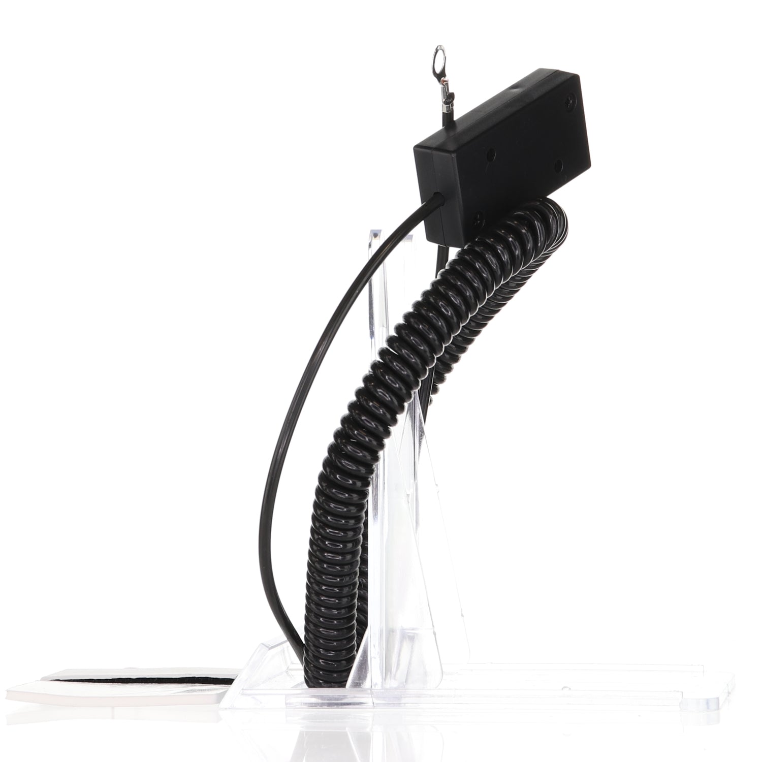 The Anderic CBL01 Universal Tether Coiled Security Cable features a durable design with a black rectangular connector, elegantly displayed on a clear plastic stand against a white background.
