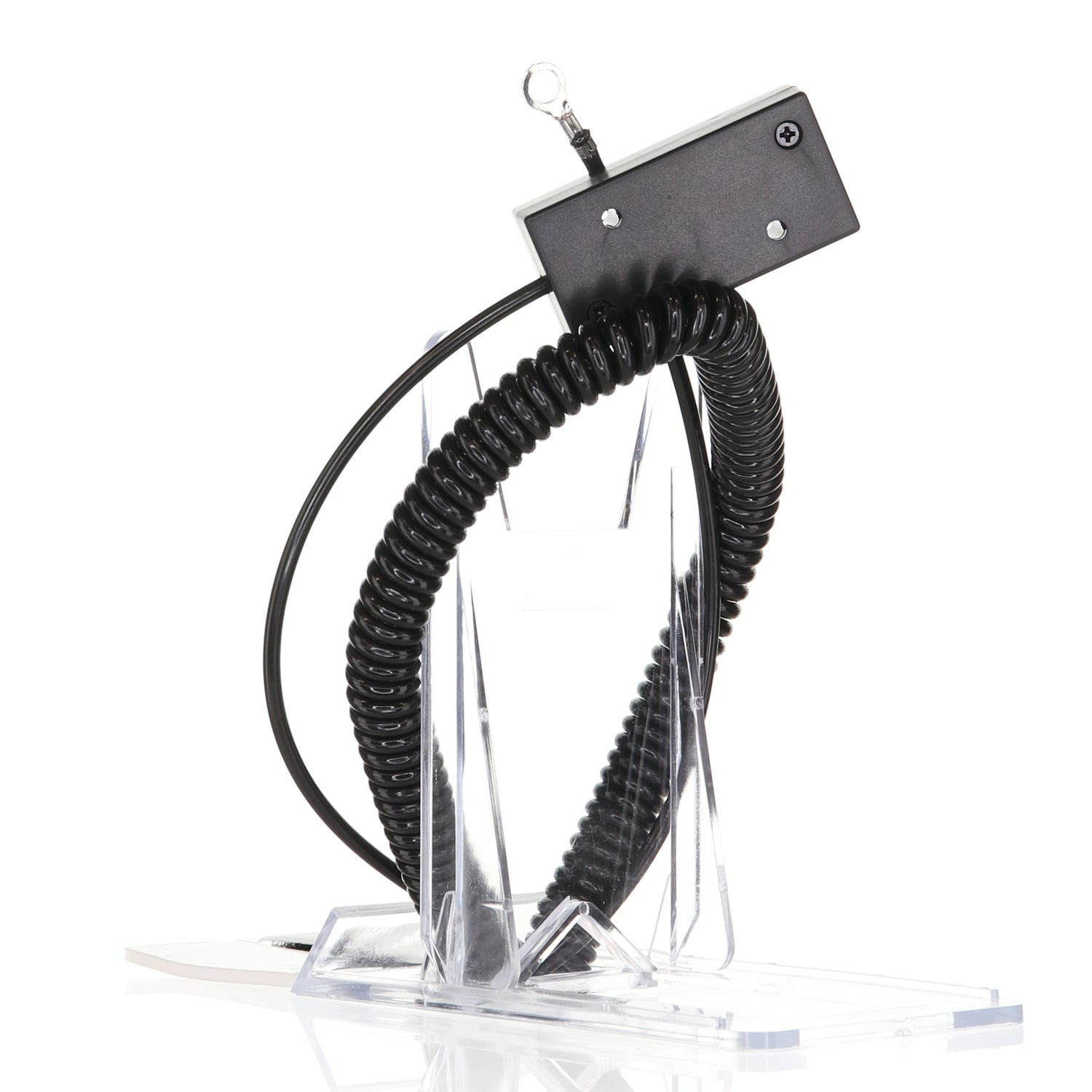 The Anderic CBL01 Universal Tether Coiled Security Cable, a black coiled cord, is attached to a rectangular device on a transparent stand.