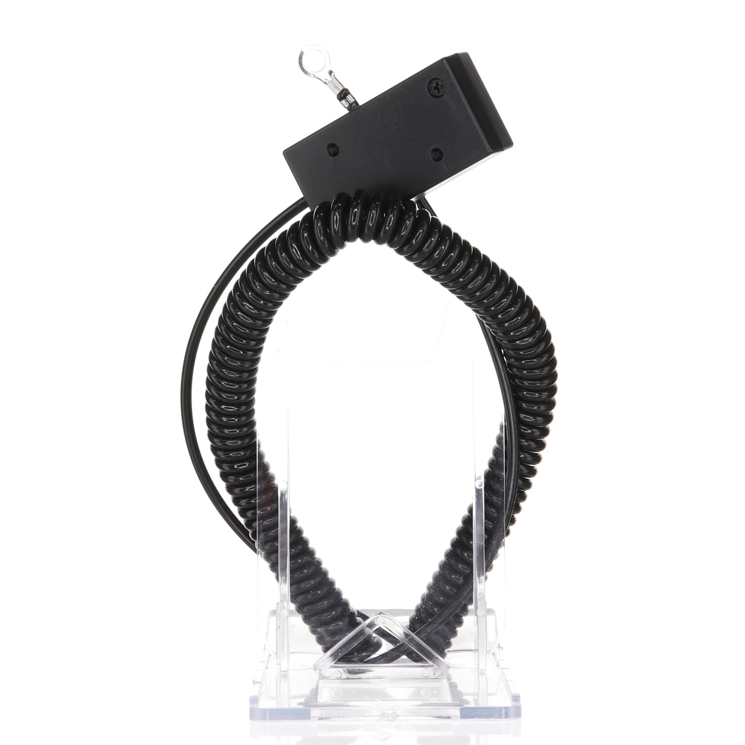 The Anderic CBL01 Universal Tether Coiled Security Cable, featuring an attached rectangular component for easy installation, is displayed vertically on a clear stand against a white background.