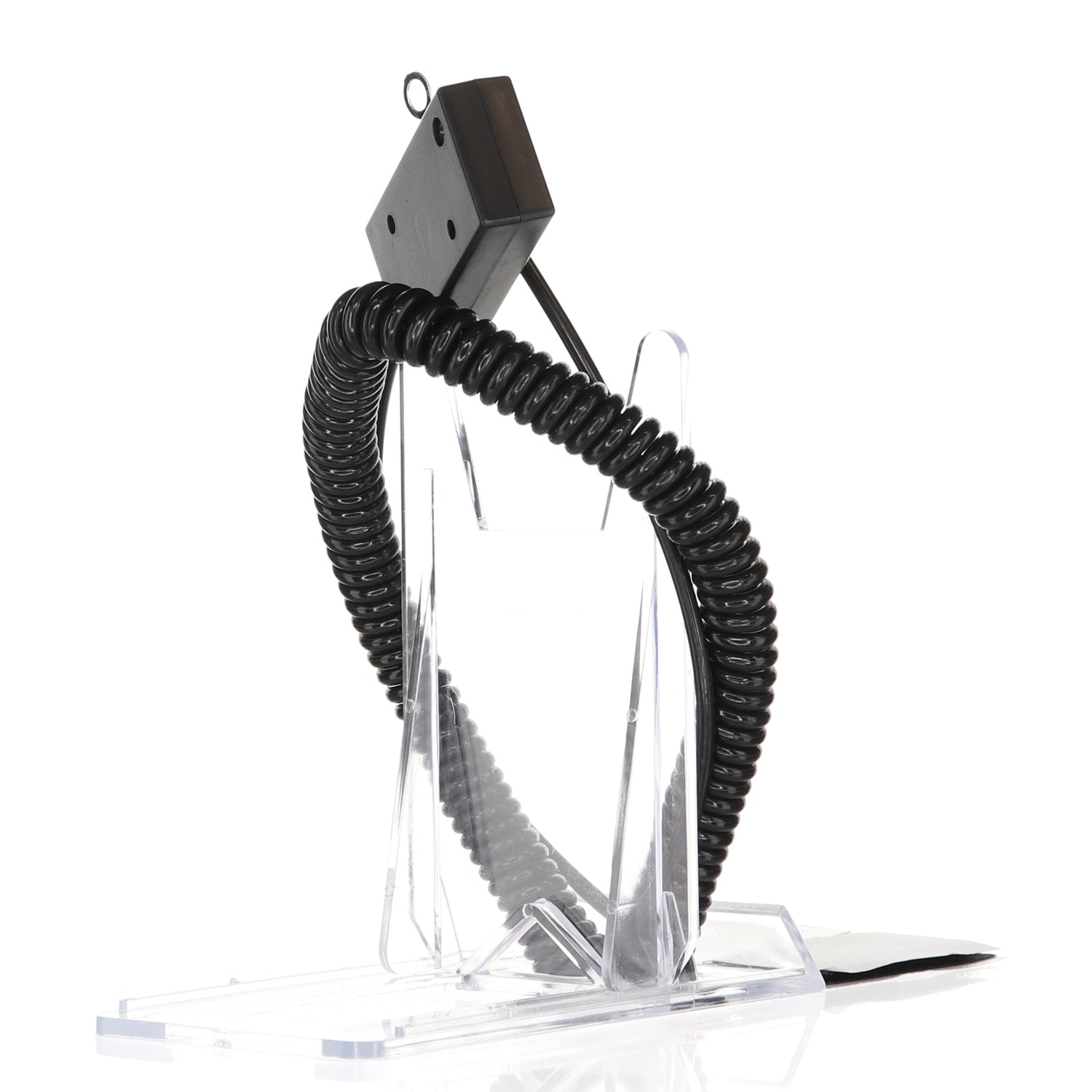 The Anderic CBL01 Universal Tether Coiled Security Cable, paired with an anti-theft display stand and a small rectangular sensor on a clear plastic base, ensures easy installation for peace of mind.