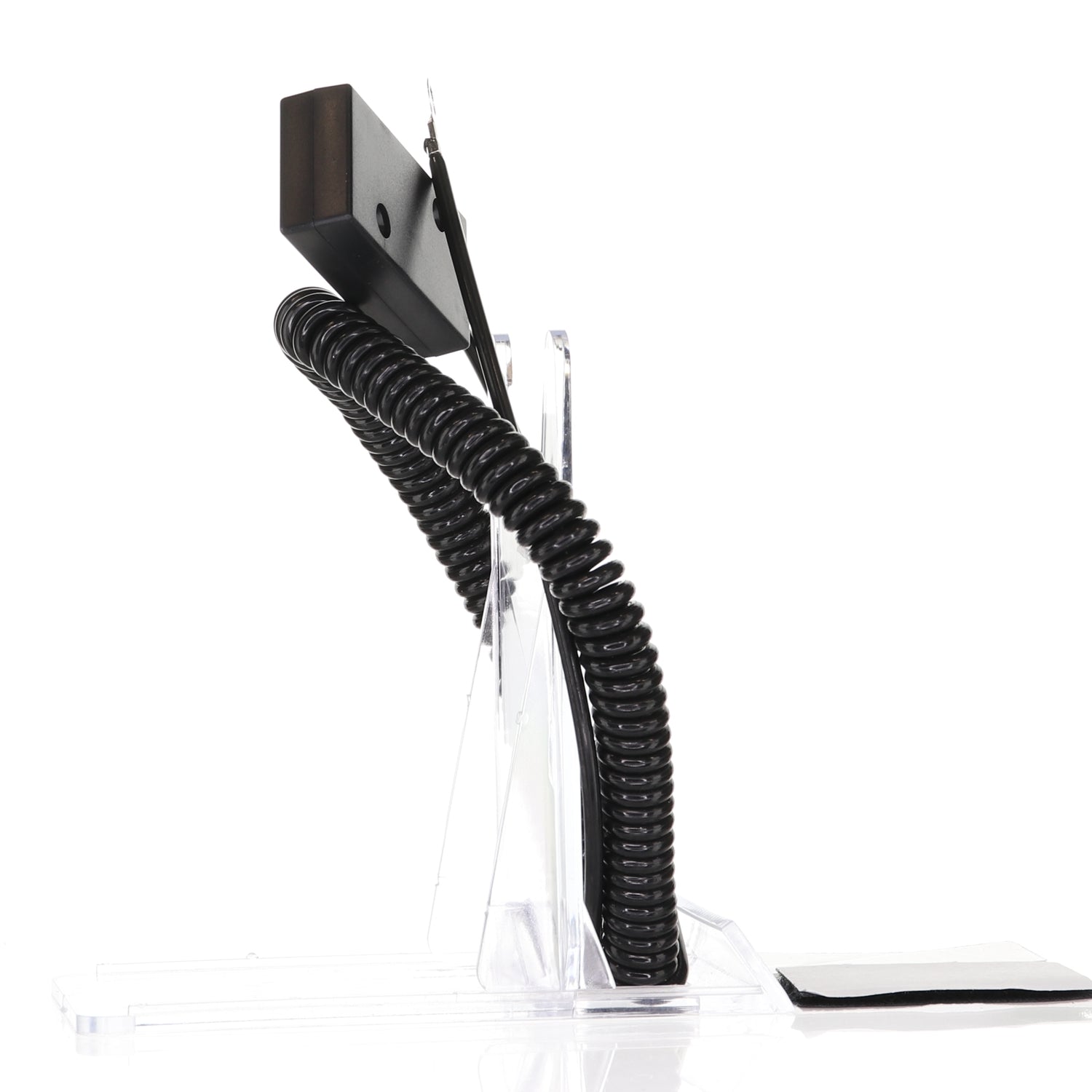 The Anderic CBL01 Universal Tether features a black pen on a transparent stand with a coiled security cable for added protection, shown in side view against a white background.