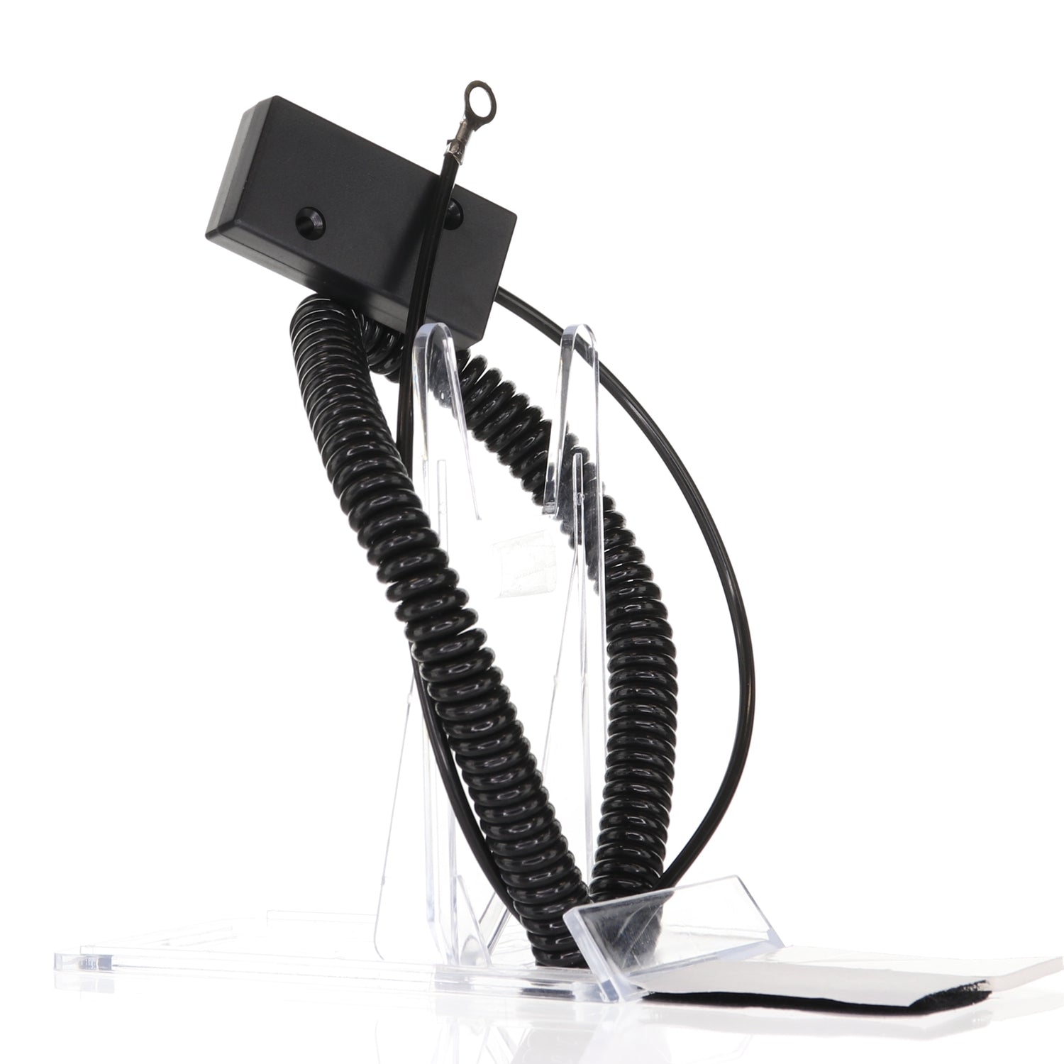 The Anderic CBL01 Universal Tether Coiled Security Cable wraps around the sleek black device, securely mounted on a clear stand, serving as both a display and remote holder.