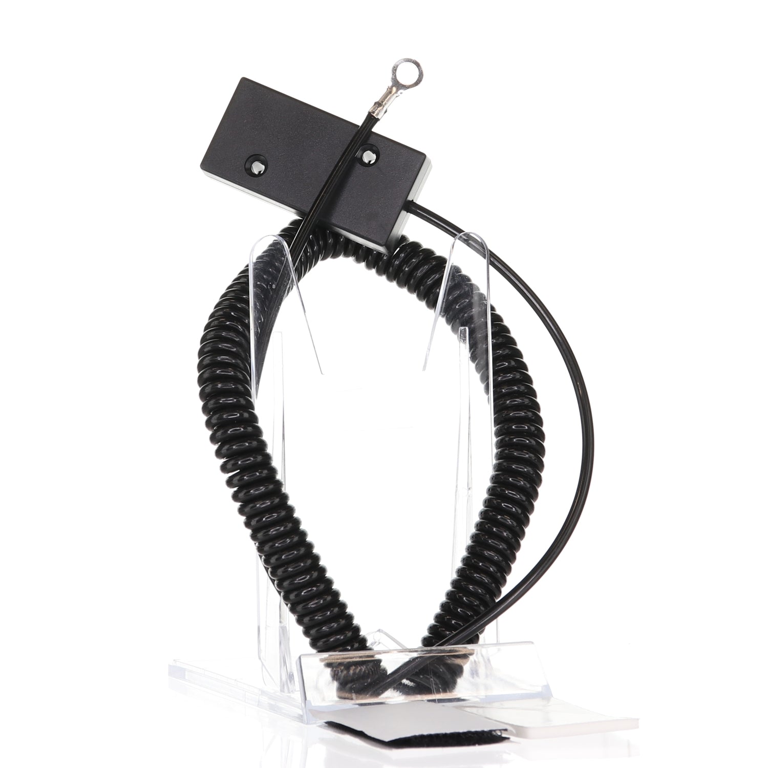 The Anderic CBL01 Universal Tether Coiled Security Cable, a durable black cable with a rectangular component and attached loop terminal, is elegantly displayed on a clear plastic stand.