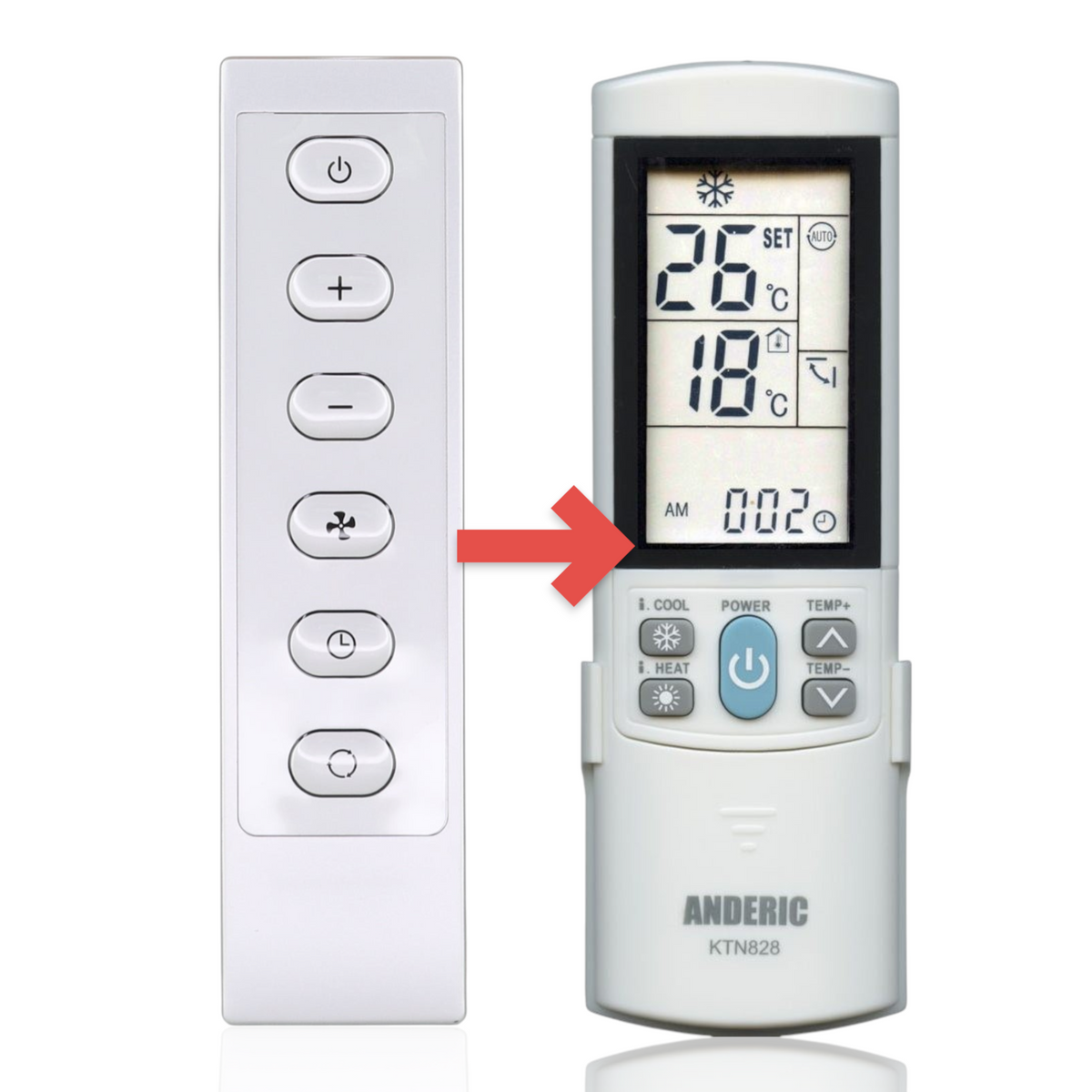 Anderic white air conditioner remote control with six oval buttons for power, temperature, and fan settings.