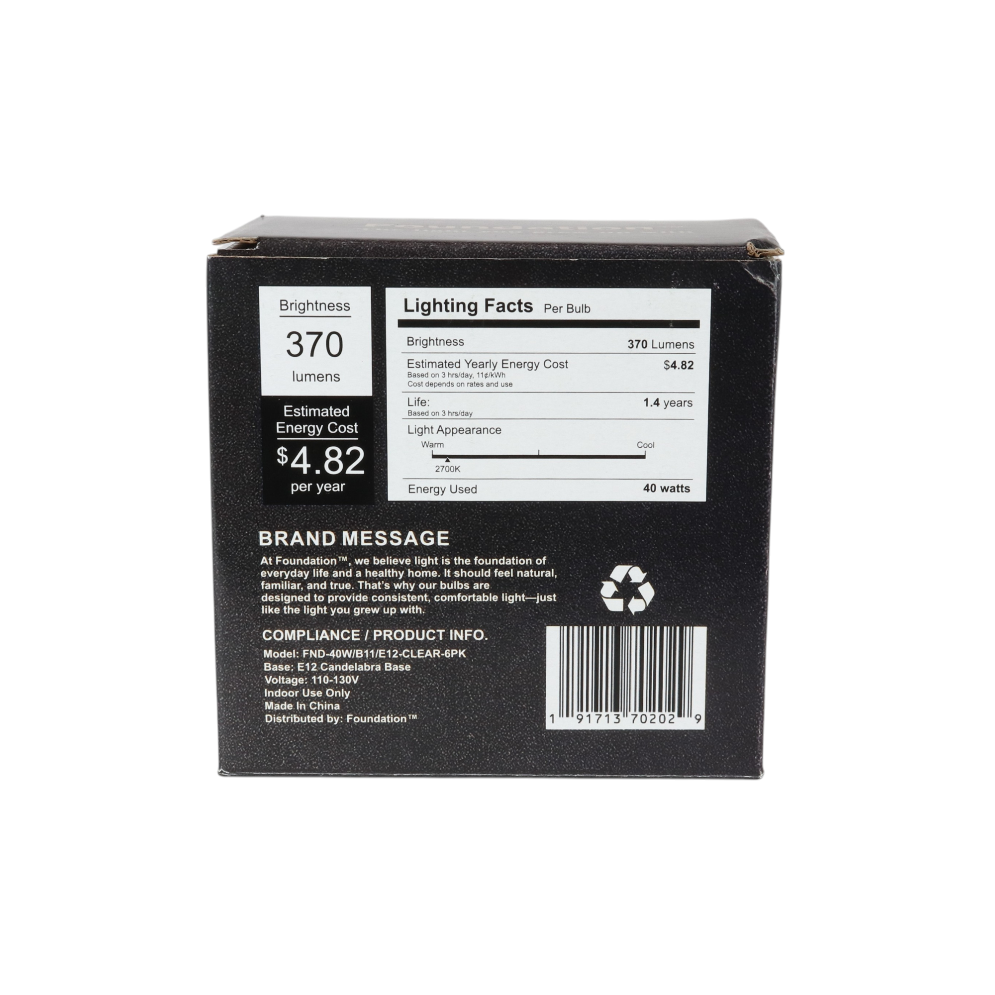 Bombilla incandescente regulable Foundation™ de 40 vatios - Luz blanca suave de 2700 K, base de candelabro E12, tipo torpedo - Paquete de 6