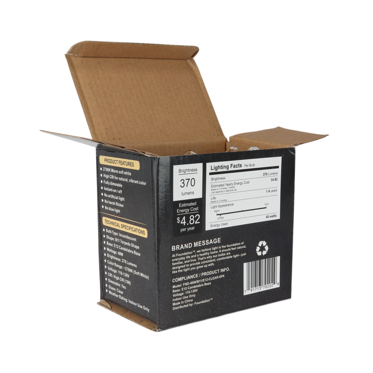 Bombilla incandescente regulable Foundation™ de 40 vatios - Luz blanca suave de 2700 K, base de candelabro E12, tipo torpedo - Paquete de 6