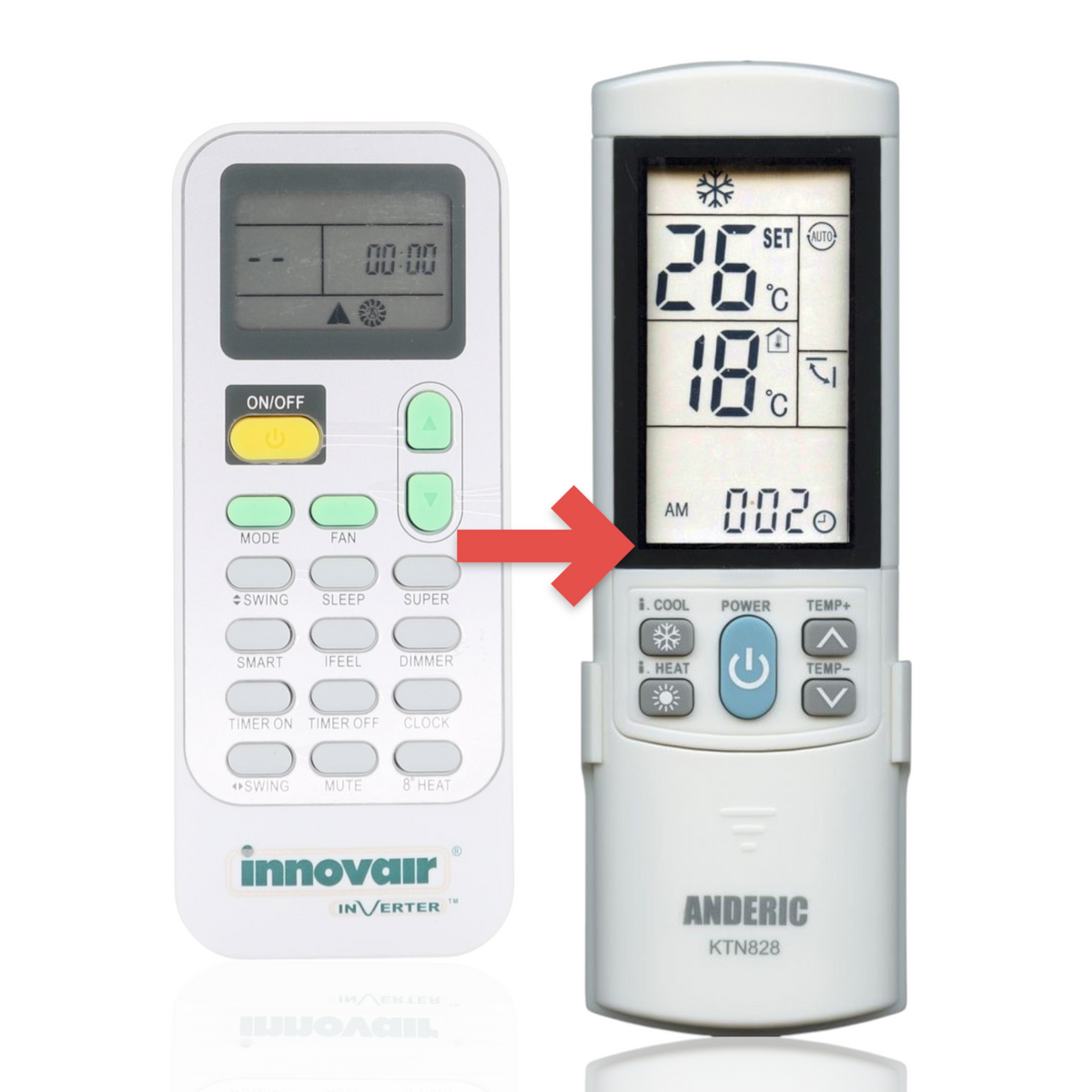 Anderic universal air conditioner remote control with backlit LCD display and multi-function buttons for HVAC units.