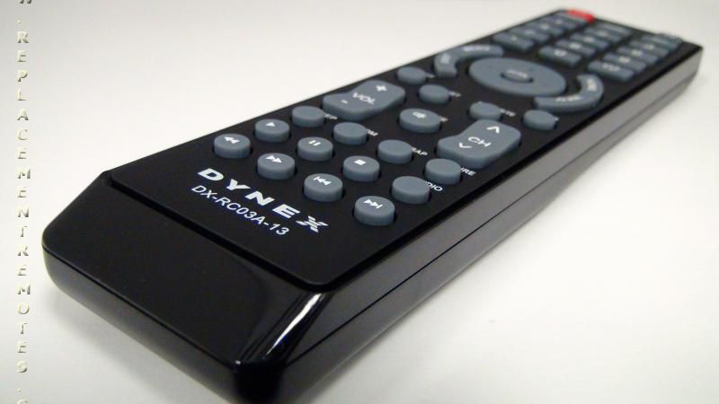 Close-up of the black Dynex DXRC03A13 TV Remote Control with gray buttons, viewed from an angle.