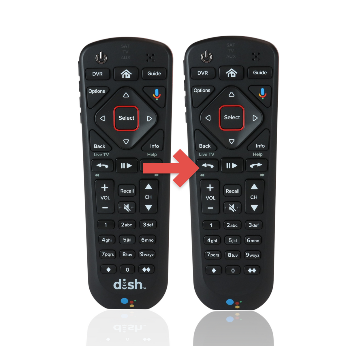 Anderic black UHF 2G remote control for Dish Hopper, Joey, and Wally receivers with Google Assistant voice button.