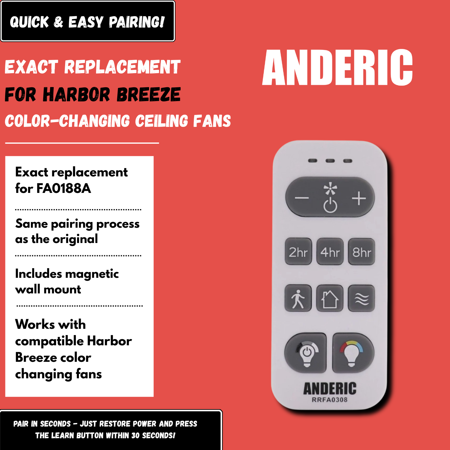 Télécommande pour ventilateur de plafond Anderic RRFA0308 pour ventilateurs Harbor Breeze Boltz III, Mac III, Reverdy, Flanagan III et Crestwell - A25-FA0188A