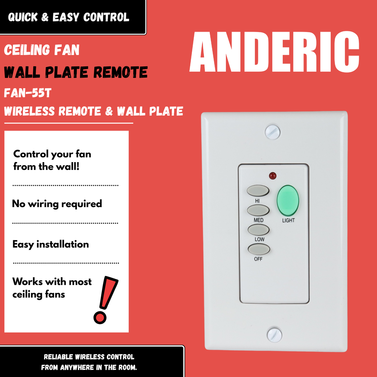 Anderic FAN-55T Control remoto inalámbrico de pared para ventilador de techo para receptor Fan28R | 304 MHz | 2AAZPFAN55T- FAN55T