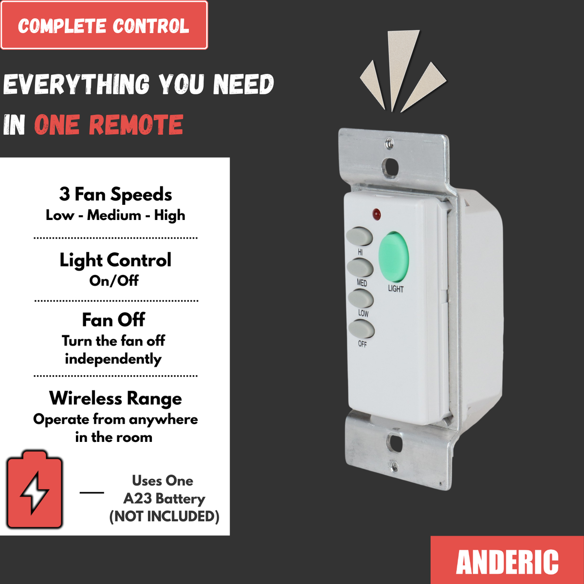 Anderic FAN-55T Control remoto inalámbrico de pared para ventilador de techo para receptor Fan28R | 304 MHz | 2AAZPFAN55T- FAN55T