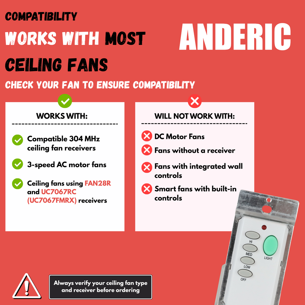 Anderic FAN-55T Control remoto inalámbrico de pared para ventilador de techo para receptor Fan28R | 304 MHz | 2AAZPFAN55T- FAN55T