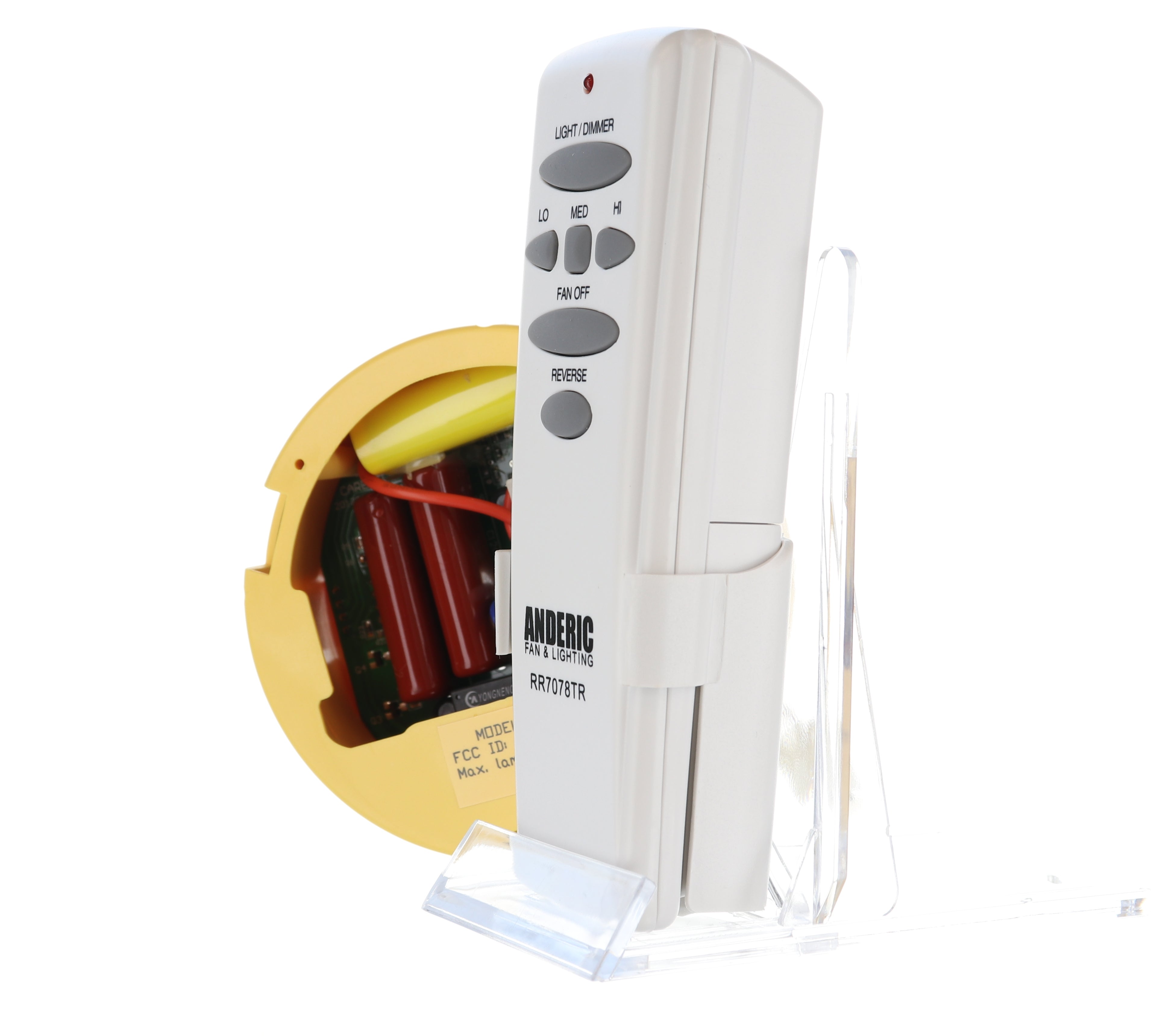 The Anderic FAN2R/RR7078TR for Hampton Bay/HUNTER ceiling fans is a white remote control kit featuring buttons and a display stand, ideal for upgrading your fan system.