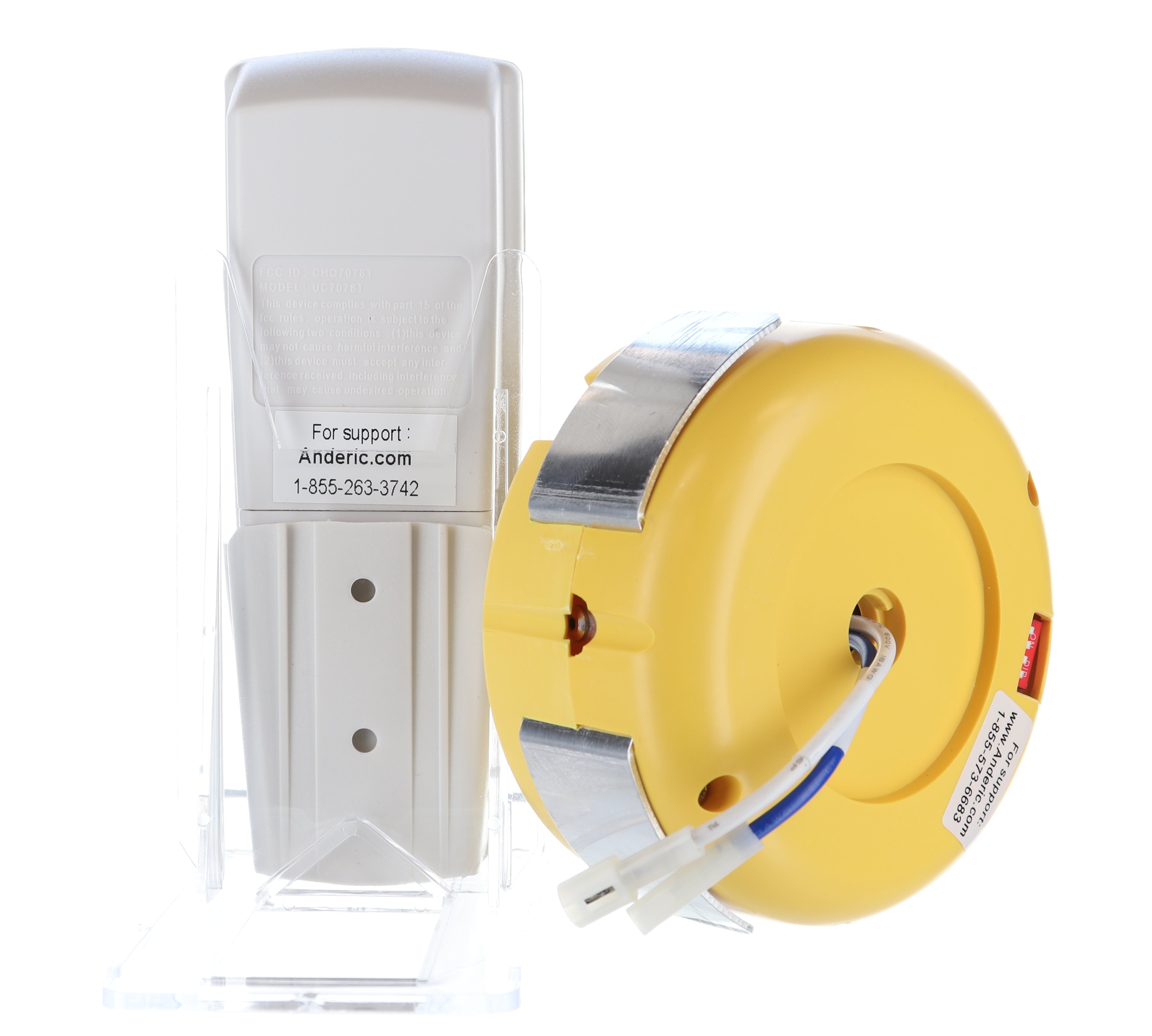 Displayed are a white remote control from the Anderic FAN2R/RR7078TR Kit, suitable for Hampton Bay/HUNTER Ceiling Fans, and a yellow circular device. The remote includes support contact information.