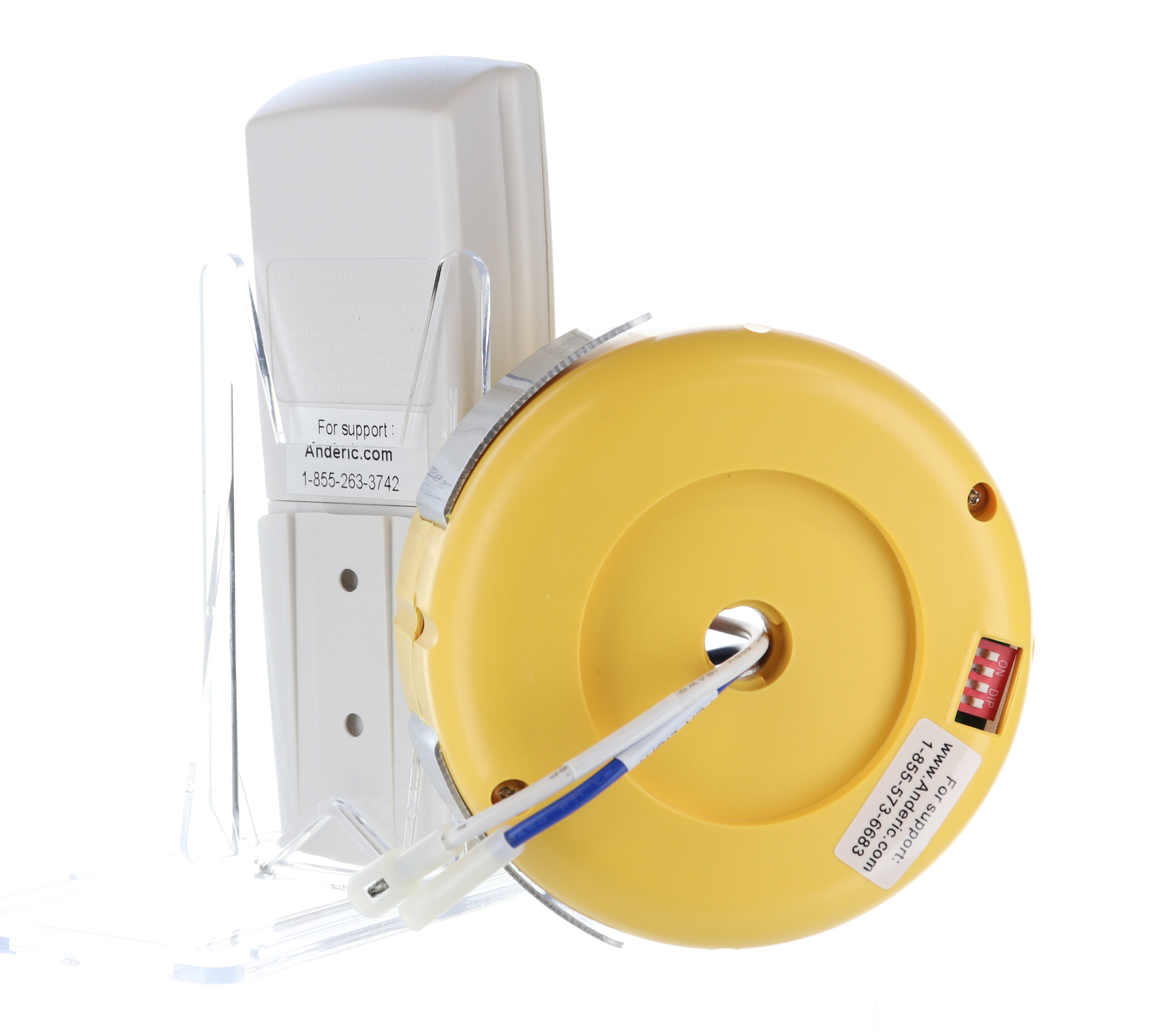 The Anderic FAN2R/RR7078TR Kit, compatible with Hampton Bay or Hunter fans, includes a yellow retractable tool for ceiling fan control and a white wall-mountable holder with support info. Ideal for reliable replacements.