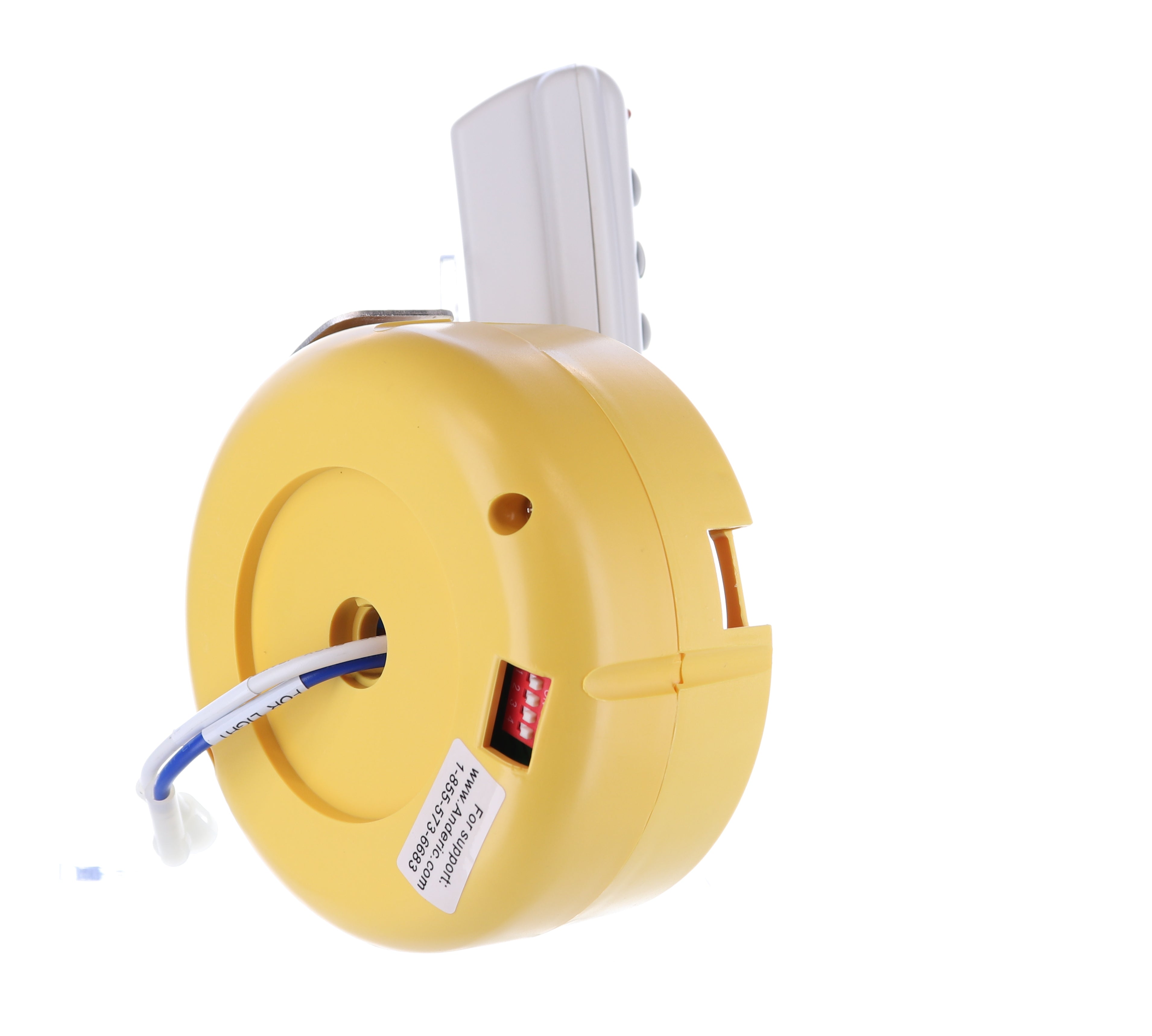 Yellow cylindrical measuring tape with a white handle and coiled tape, ideal for DIY projects like installing the Anderic FAN2R/RR7078TR Remote Control Kit for Hampton Bay/HUNTER ceiling fans.