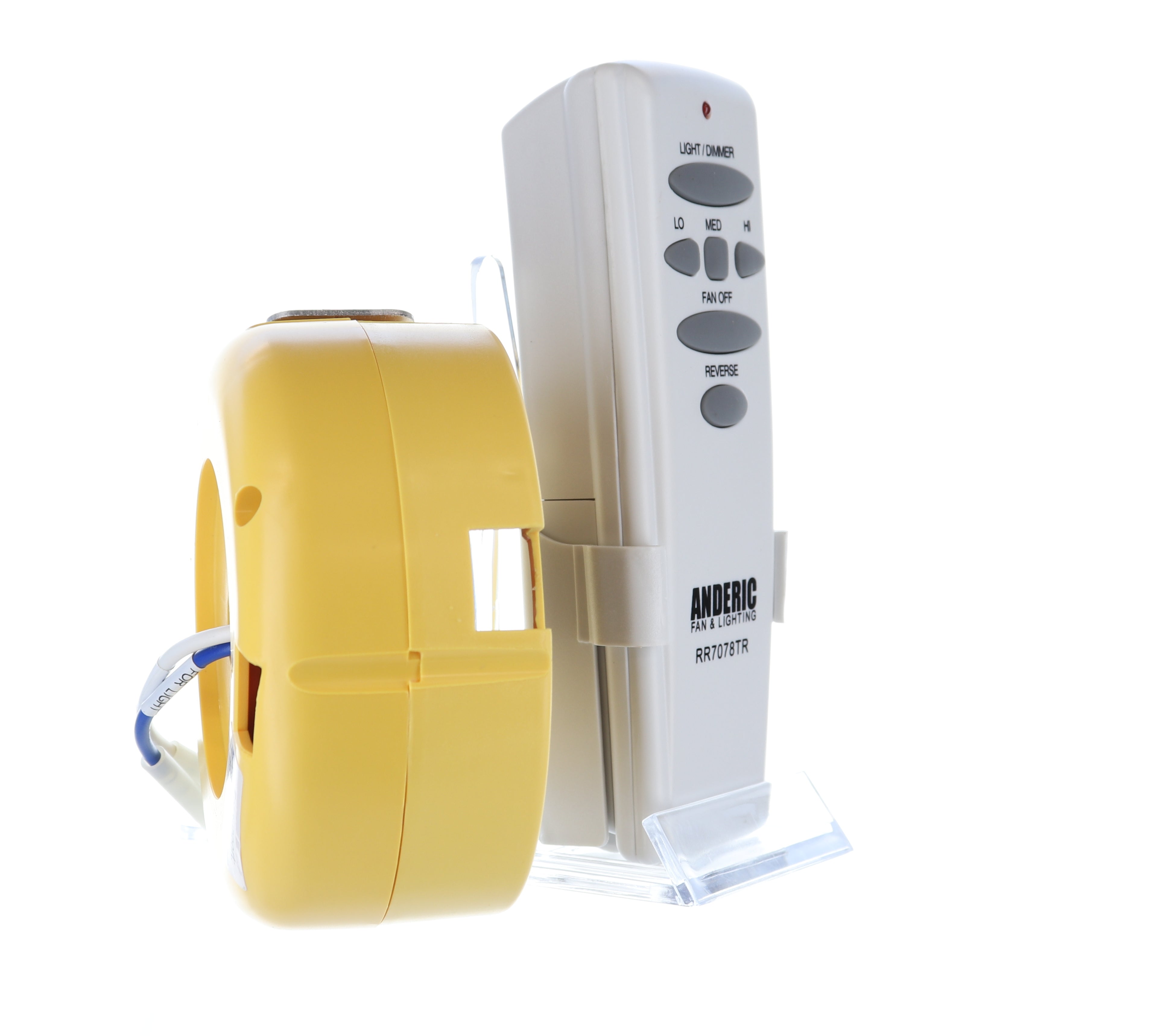 The white Anderic remote from the FAN2R/RR7078TR Kit for Hampton Bay features buttons for a light dimmer, fan speed, and reverse. It stands next to a yellow component on a clear stand, making it an ideal replacement for your ceiling fan control system.