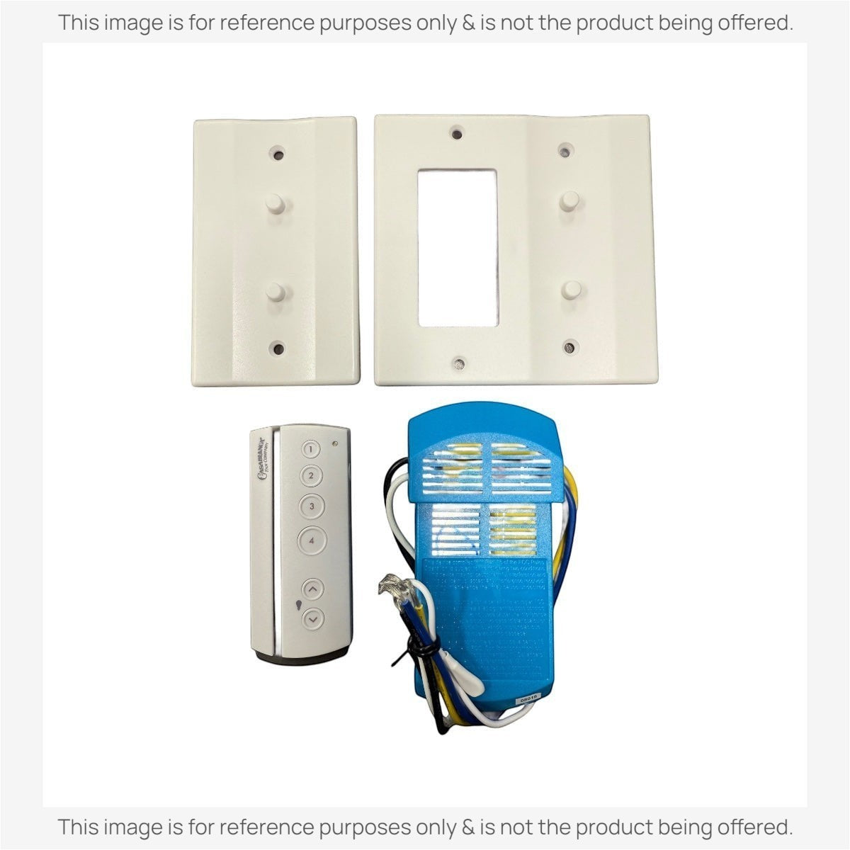 The Casablanca Universal 4-Speed Fan Control System Kit (99019) includes two white wall plates, a blue ceiling fan receiver with wires, and a white handheld remote for integrated fan controls.