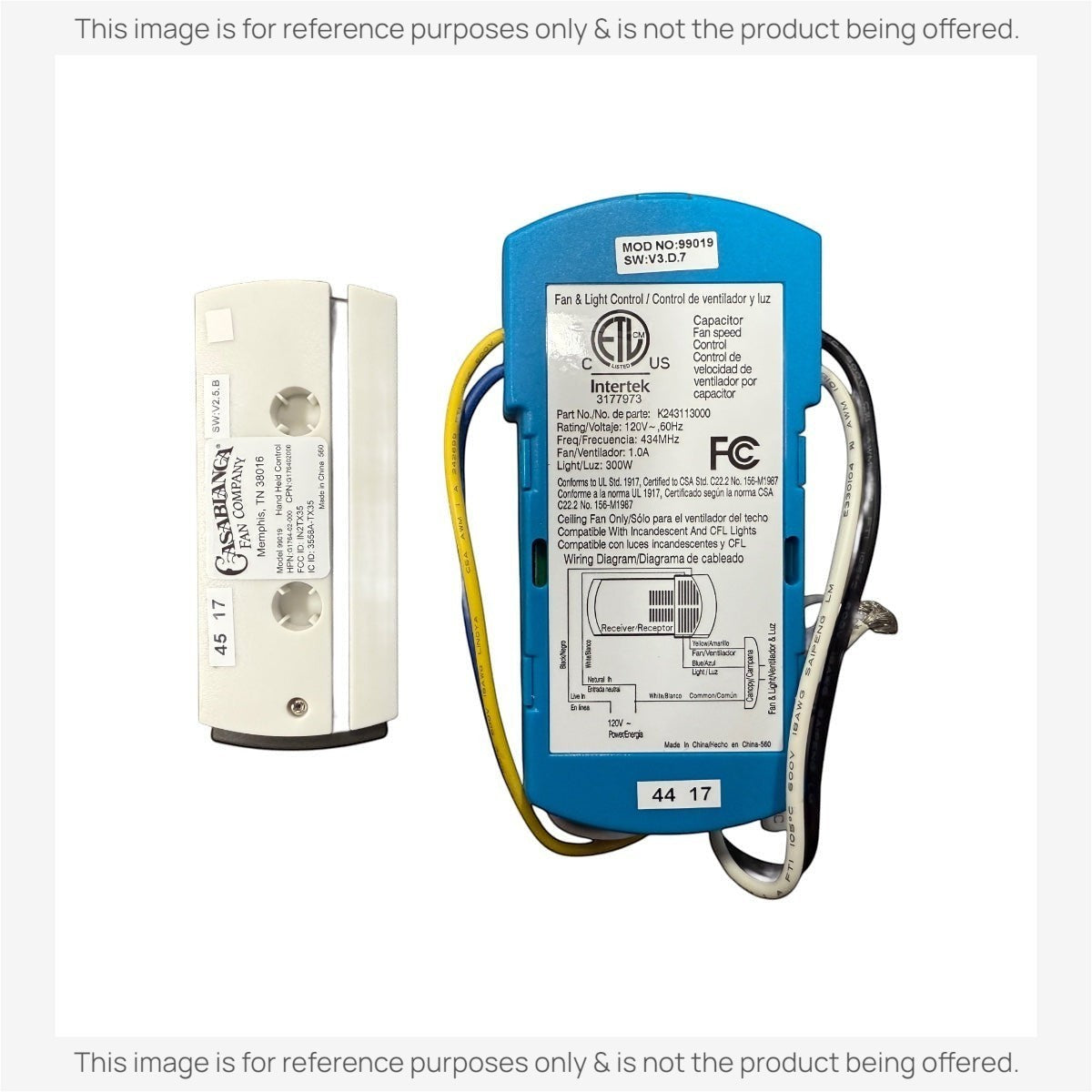 Two devices: on the left, a white wall switch labeled "Casablanca Fan Company;" on the right, a blue module with wiring, both part of the Casablanca Universal 4-Speed Fan Control System with Receiver and Remote Control Kit - 99019.