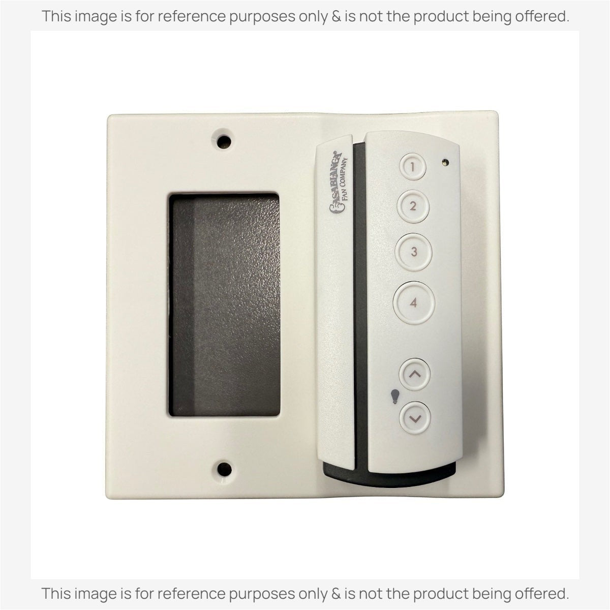 The Casablanca Universal 4-Speed Fan Control System with Receiver and Remote Control Kit (99019) features numbered buttons and a lightbulb symbol, in a white wall-mounted unit installed beside an empty rectangular slot on a matching plate.
