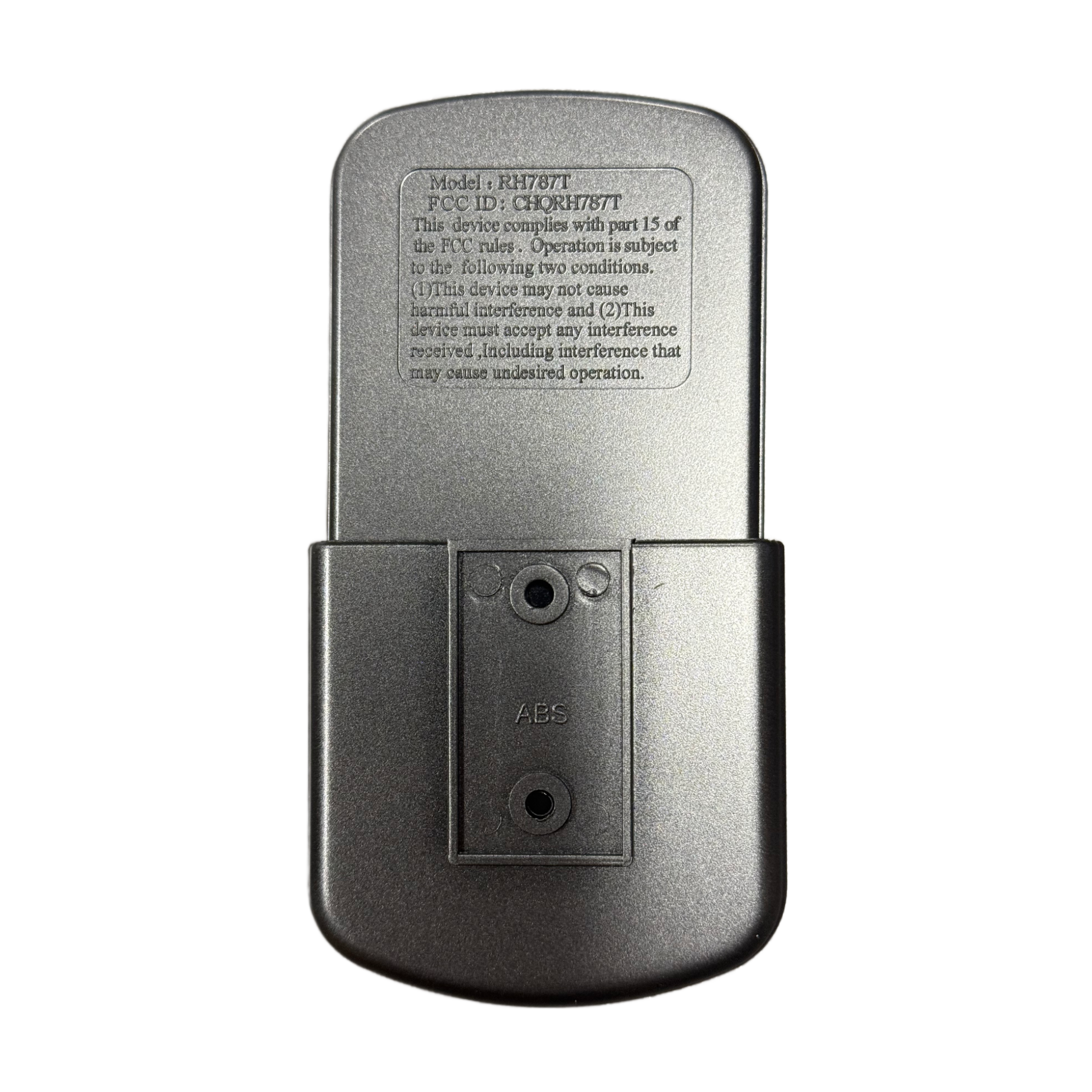 Back view of the Fanimation RH787T Gray Hand Held DC Motor Ceiling Fan Remote Control (TR29), displaying model and FCC info, screw holes, speed settings label, and "ABS" on the battery compartment cover.