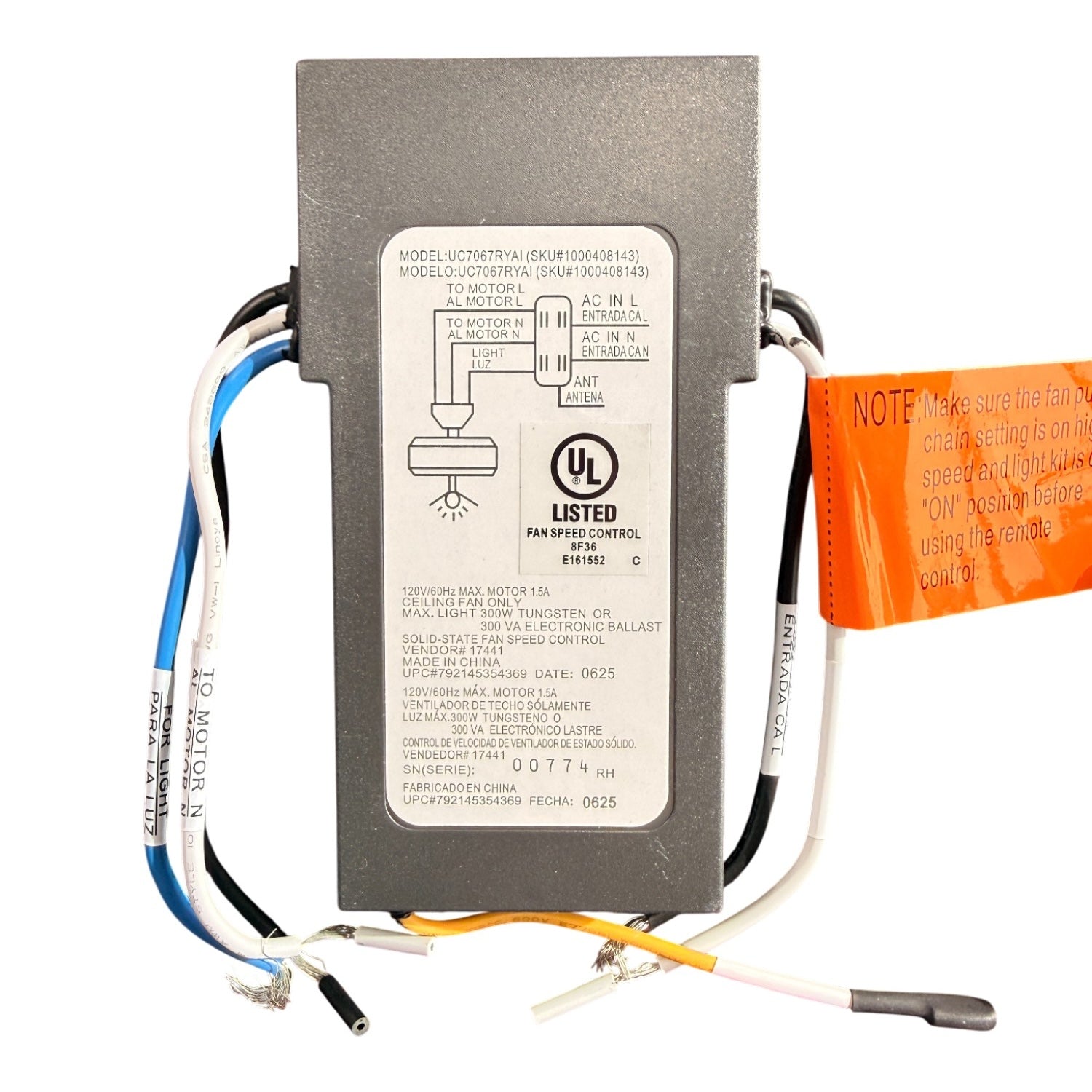 Hampton Bay UC7067RYAI / 1000408143 Ceiling Fan Receiver | 3-Speed | Light | Dimming - UC7067RYAI