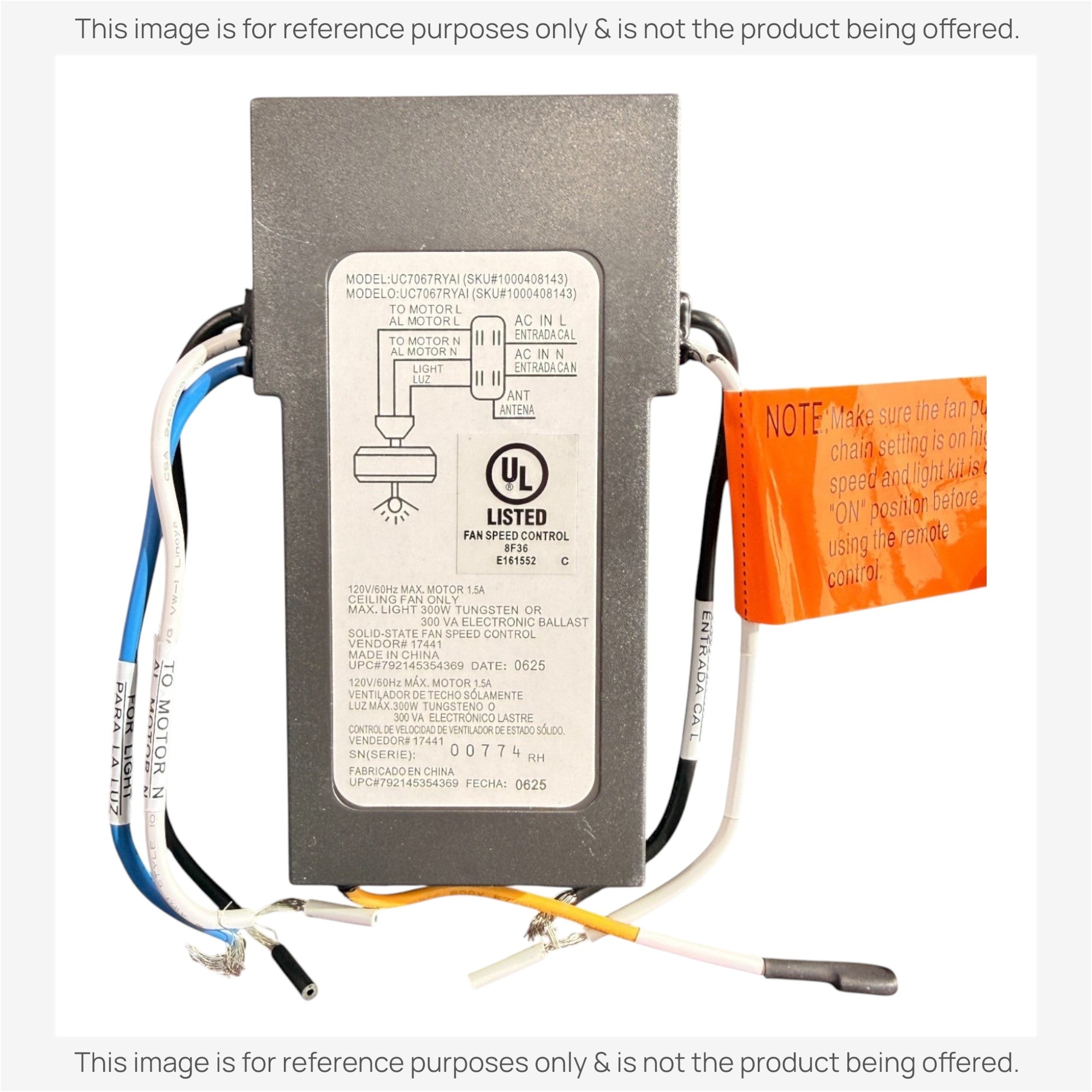 Sustituto para Hampton Bay Universal 3 velocidades Placa de pared Mando a distancia Kit de ventilador de techo | Mando a distancia UC9050H | Receptor UC7067RYAI - 1000408143 [UC9051T-WIRED/UC7067FMRX]