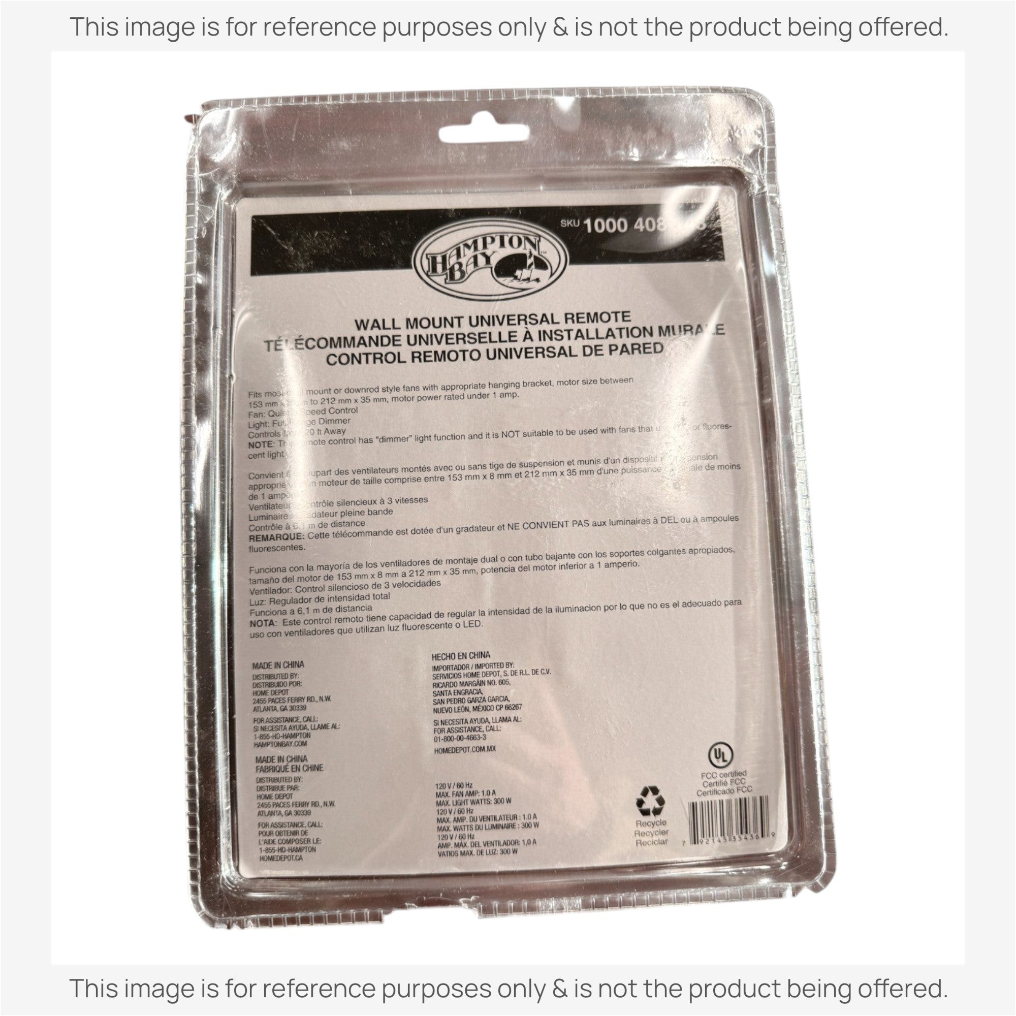 Sustituto para Hampton Bay Universal 3 velocidades Placa de pared Mando a distancia Kit de ventilador de techo | Mando a distancia UC9050H | Receptor UC7067RYAI - 1000408143 [UC9051T-WIRED/UC7067FMRX]