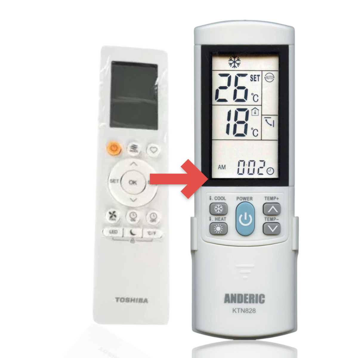 Anderic KTN828 white universal air conditioner remote control with backlit LCD screen and Toshiba branding