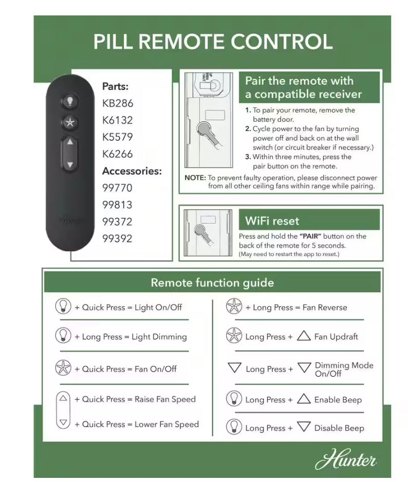 Kit de ventilador de techo universal Hunter de 3 velocidades con control remoto portátil - Blanco - Resistente a la humedad - 99392 